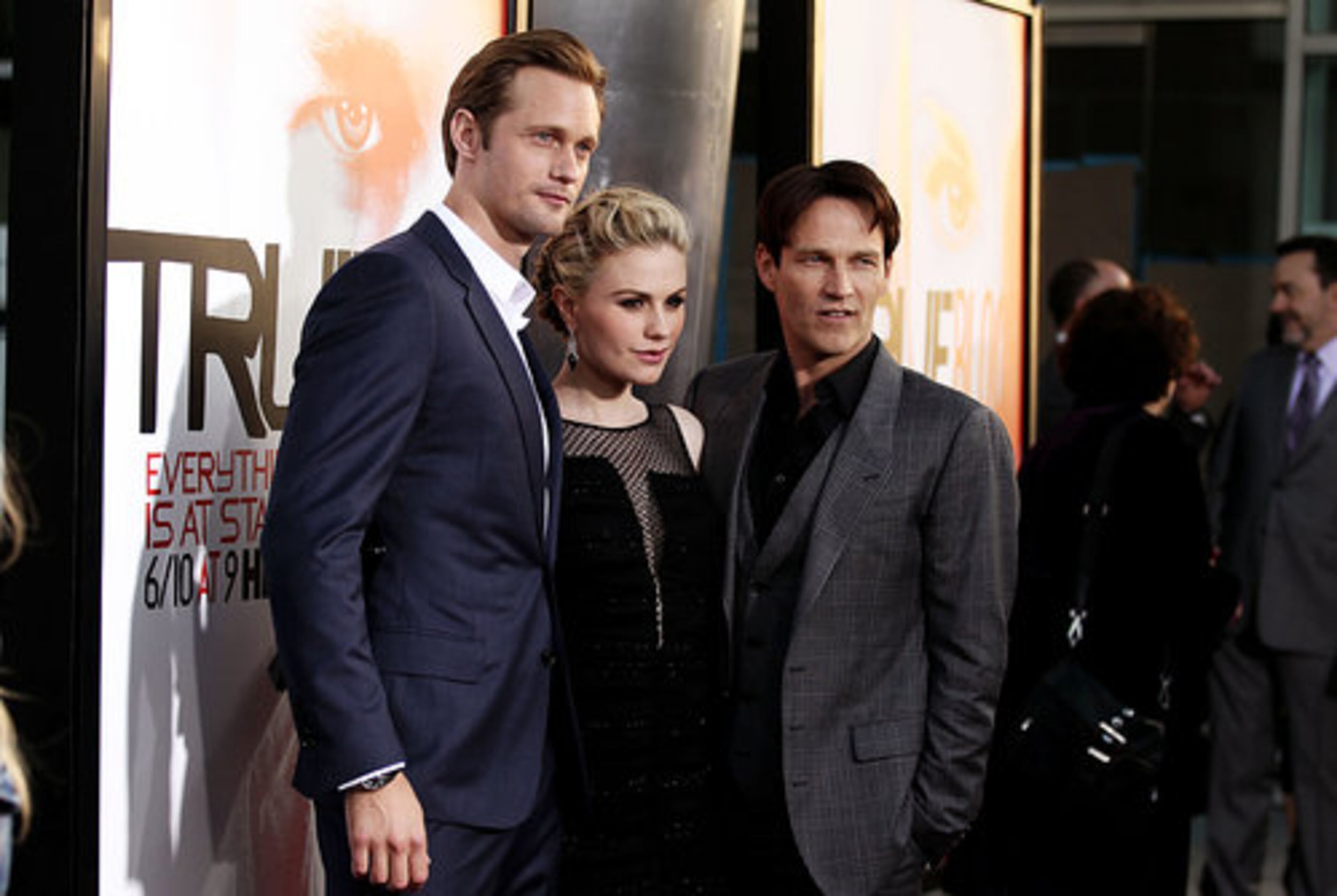 Cast members Alexander Skarsgard, left, Anna Paquin, center, and Stephen Moyer pose together the premiere of HBO's "True Blood" on Wednesday, May 30, 2012 in Los Angeles. Season five of "True Blood" premieres Sunday, June 10 on HBO. Other stars of the show were also on hand.