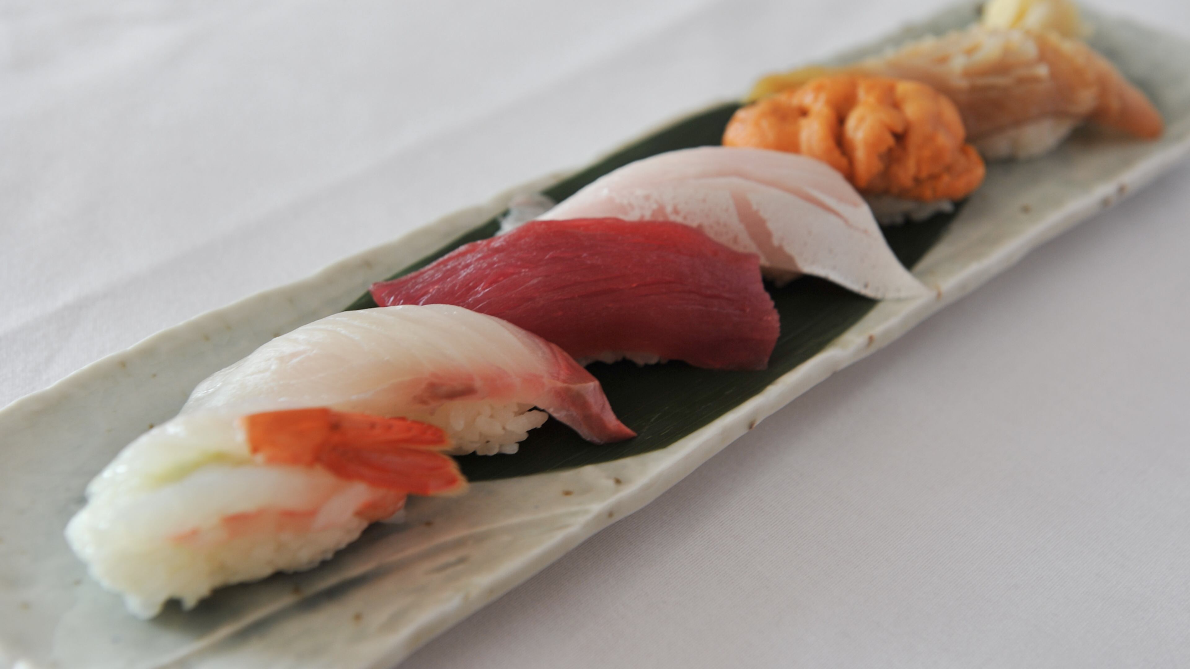 Botan ebi, shrimp aji, tuna, hamachi, uni, giant clam at Sushi House Hayakawa in Atlanta.