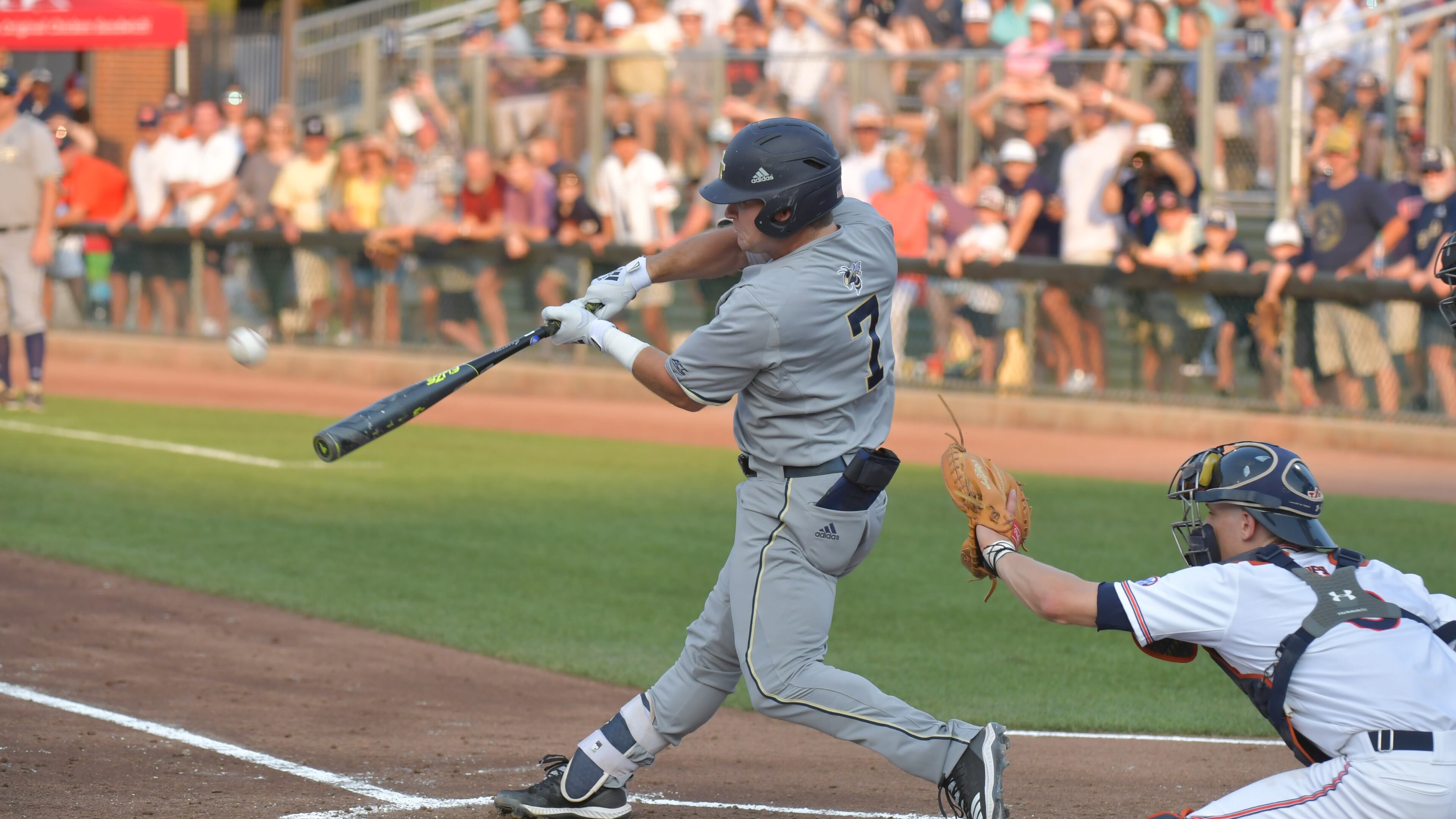 June 1, 2019 Atlanta - Georgia Tech infielder Luke Waddell (7) hits a RBI double to score Georgia Tech outfielder Nick Wilhite (31) in the second inning during the second game of the NCAA regionals at Russ Chandler Stadium in Georgia Tech campus on Saturday, June 1, 2019. HYOSUB SHIN / HSHIN@AJC.COM