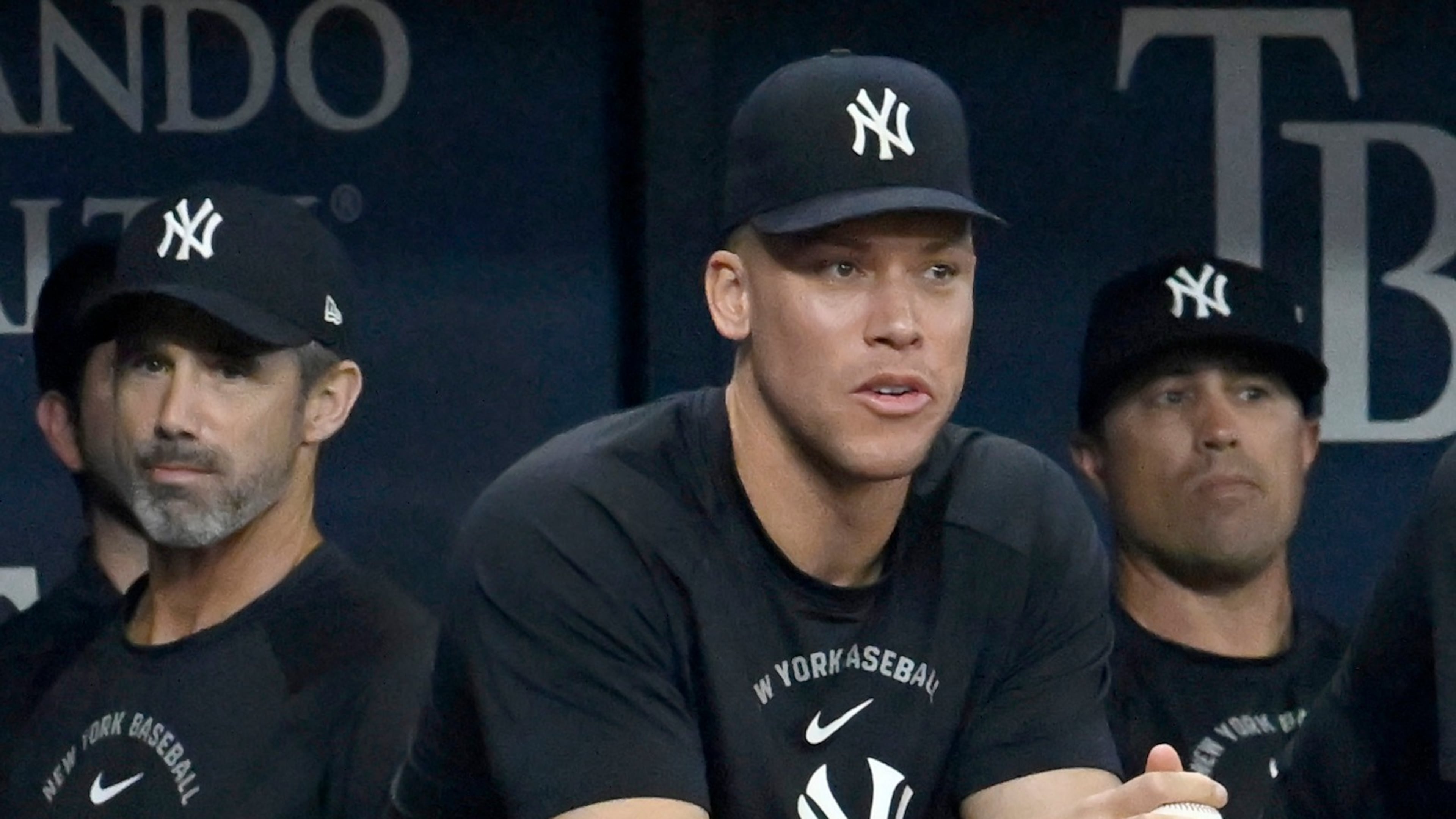 New York Yankees' Aaron Judge watches from the dugout during a baseball game against the Tampa Bay Rays Monday, July 6, 2026, in St. Petersburg, Fla. (AP Photo/Jason Behnken)