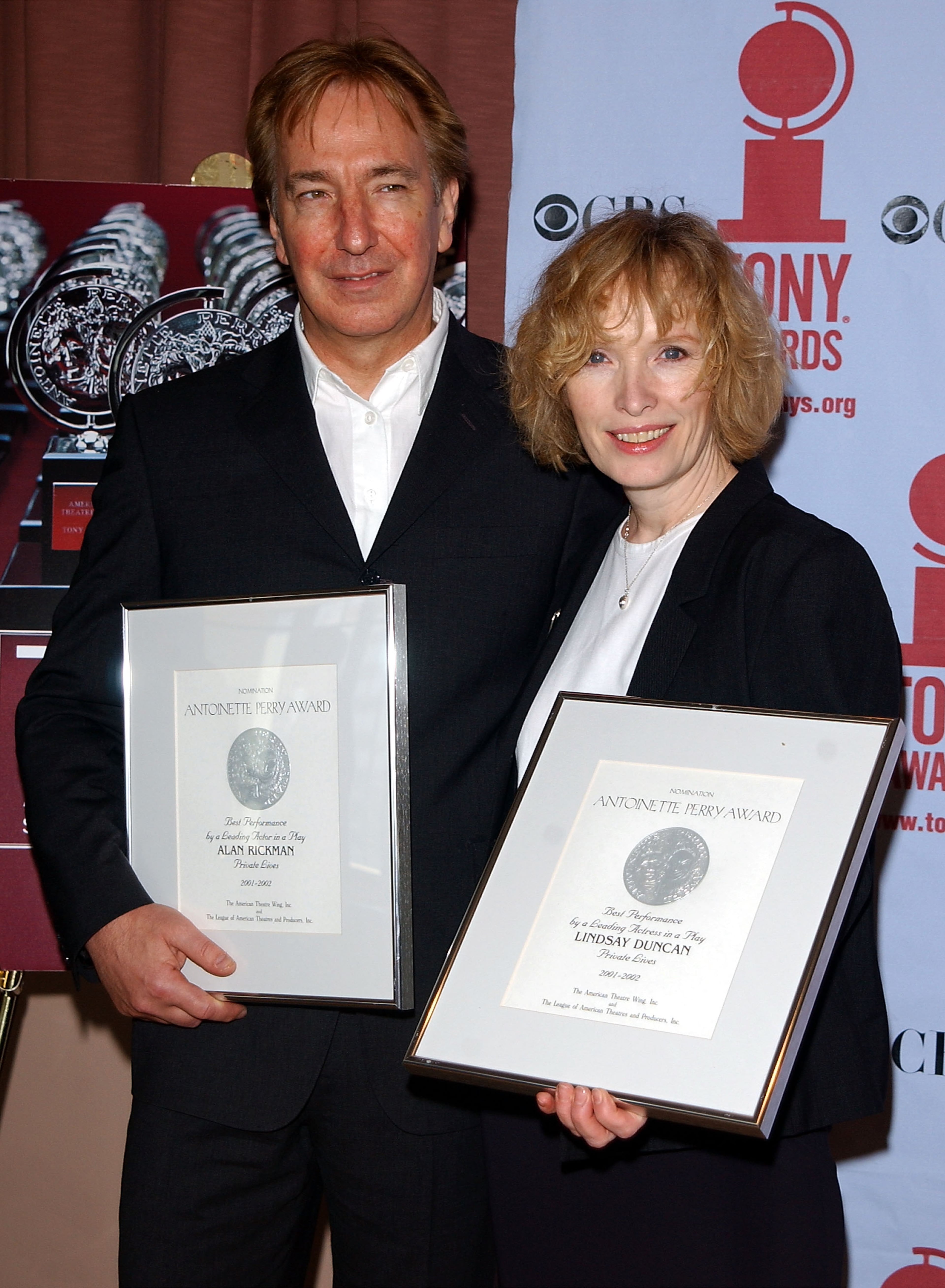 405391 01: Actor Alan Rickman and Lyndsey Duncan attend the "2002 Tony Award" nominees brunch May 15, 2002 in New York City. (Photo by Mark Mainz/Getty Images)