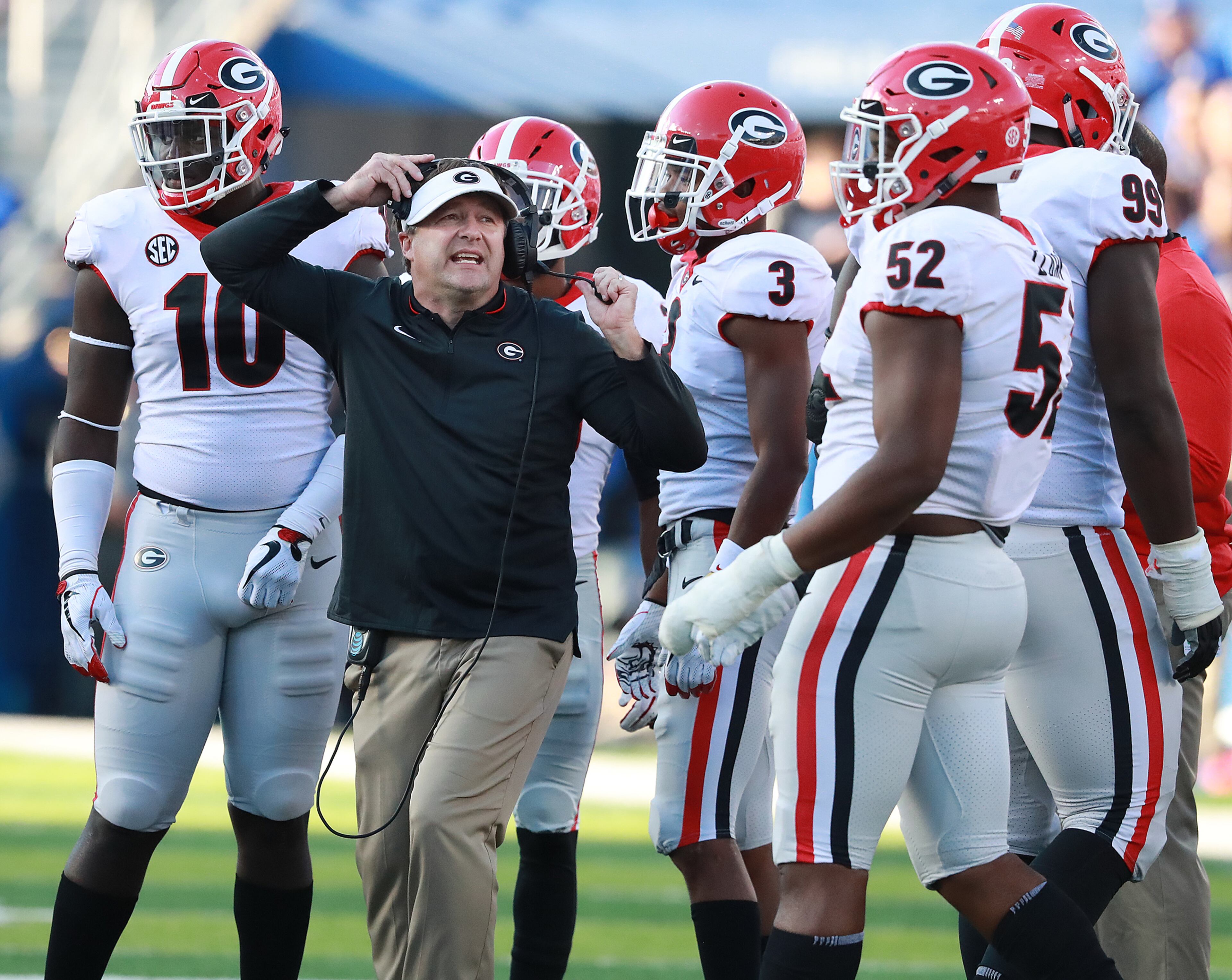 Nov 3, 2018 Lexington: Georgia head coach Kirby Smart rallys his defense during a time out against Kentucky during the first half in a NCAA college football game on Saturday, Nov. 3, 2018, in Lexington. Curtis Compton/ccompton@ajc.com
