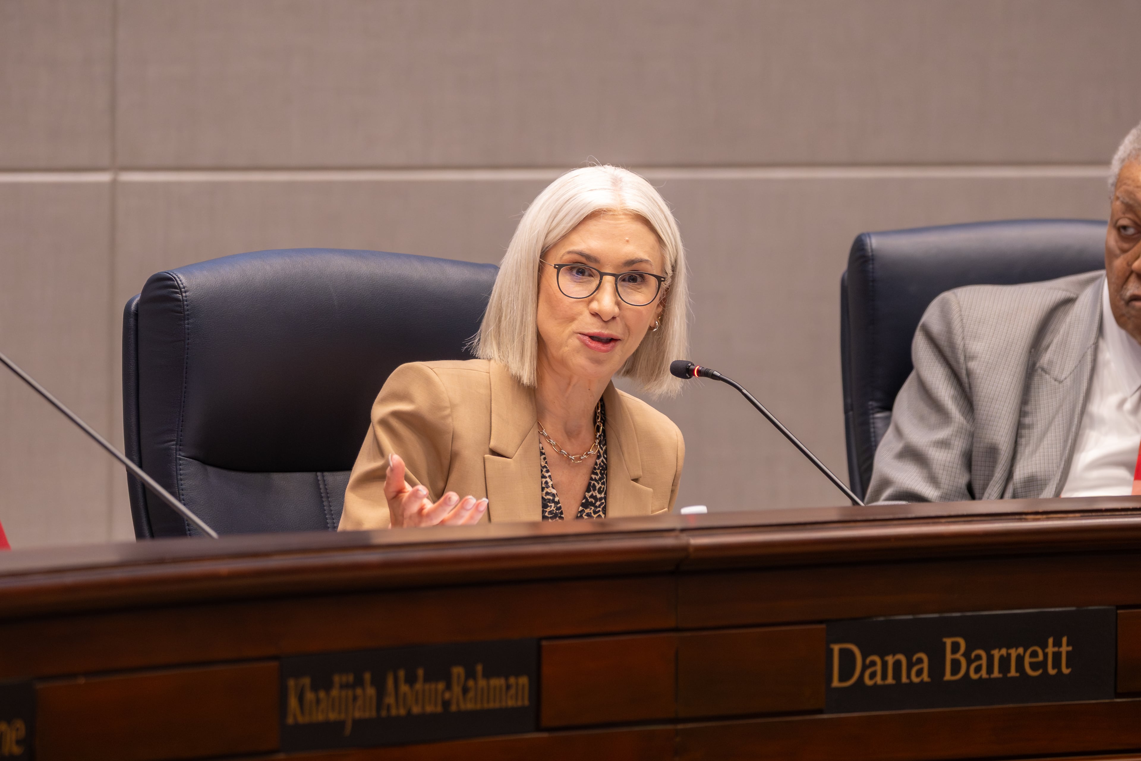 Fulton County Commissioner Dana Barrett, pictured during a meeting in March, spoke in opposition to aspects of the legislation adopted Wednesday to re-establish a budget commission. (Ben Hendren for the AJC)