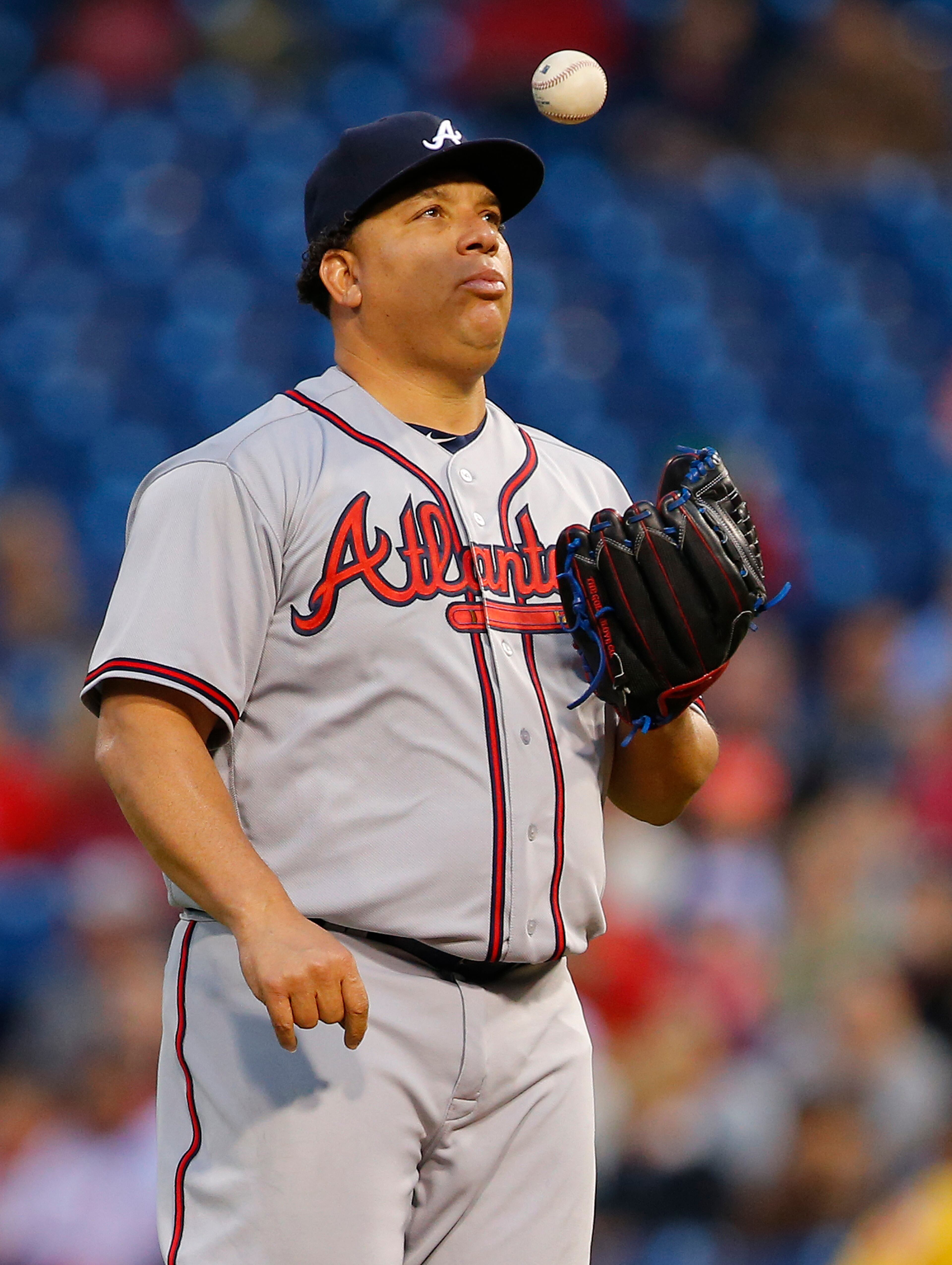 PHILADELPHIA, PA - APRIL 21: Pitcher Bartolo Colon #40 of the Atlanta Braves tosses the ball up before throwing a pitch against the Philadelphia Phillies during the second inning of a game at Citizens Bank Park on April 21, 2017 in Philadelphia, Pennsylvania. (Photo by Rich Schultz/Getty Images)