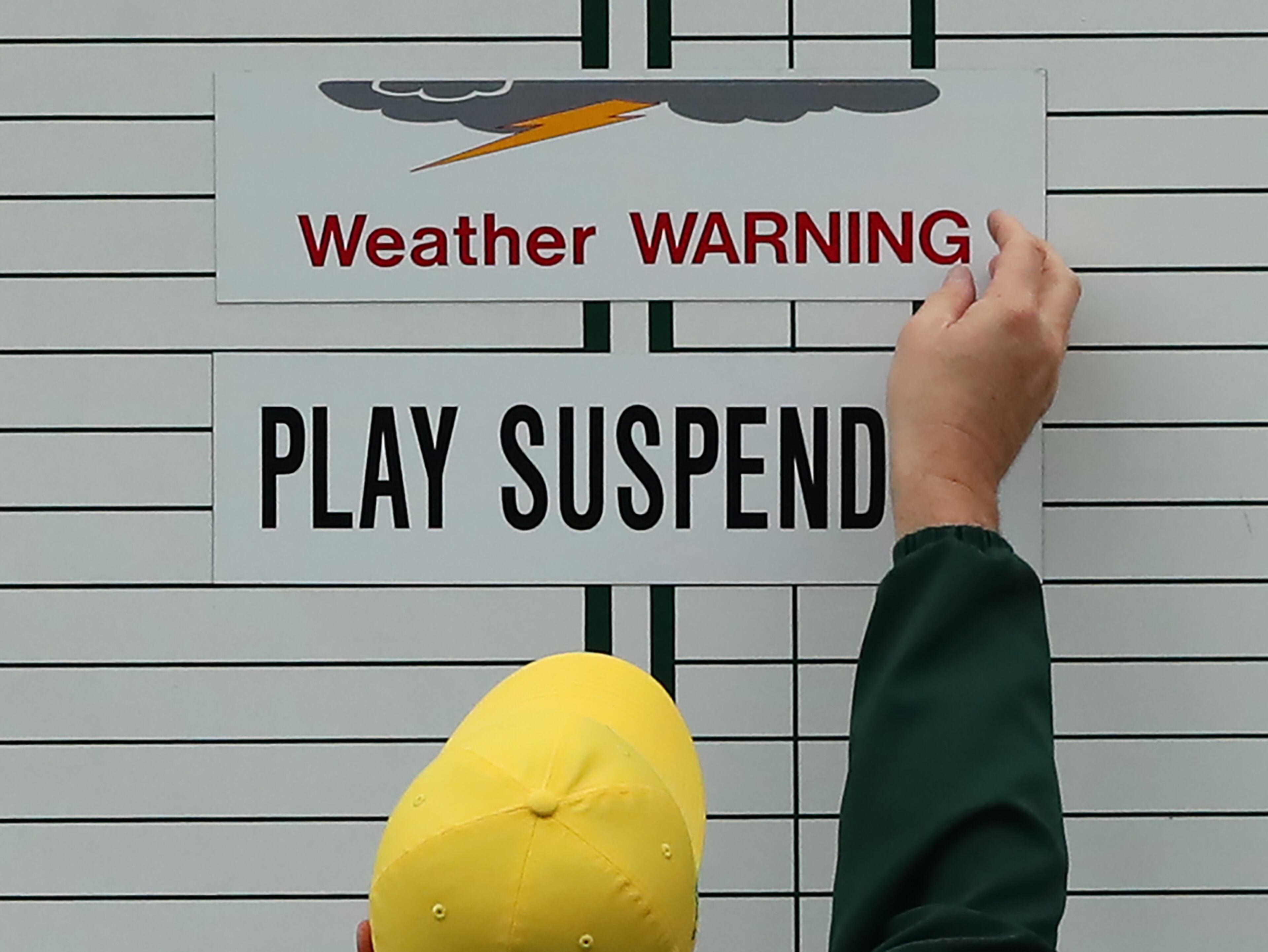 April 5, 2017, Augusta: A weather warning is posted at the 17th tee area suspending play and closing the grounds during practice for the Masters at Augusta National Golf Club on Wednesday, April 5, 2017, in Augusta. Curtis Compton/ccompton@ajc.com