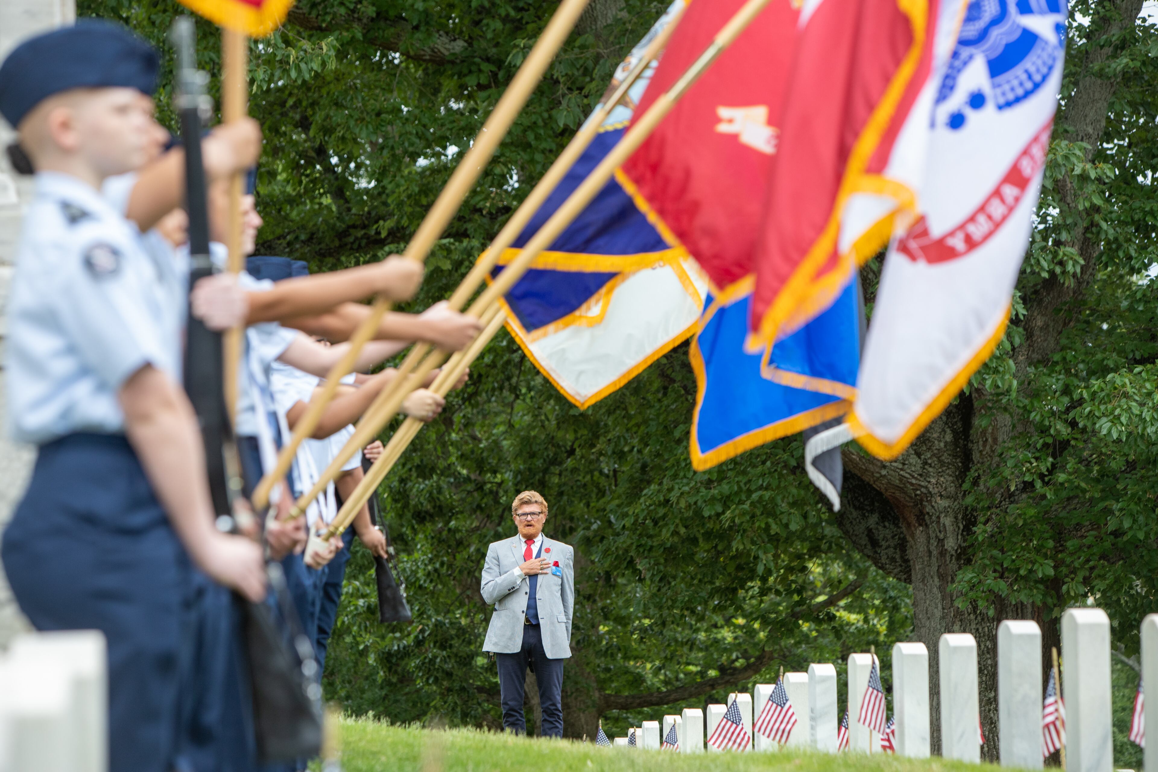 Chaplain Mark Barbour says the Pledge of Allegiance during the 77th annual Memorial Day Observance at the Marietta National Cemetery on Monday, May 29, 2003. (Jenni Girtman for The Atlanta Journal-Constitution)