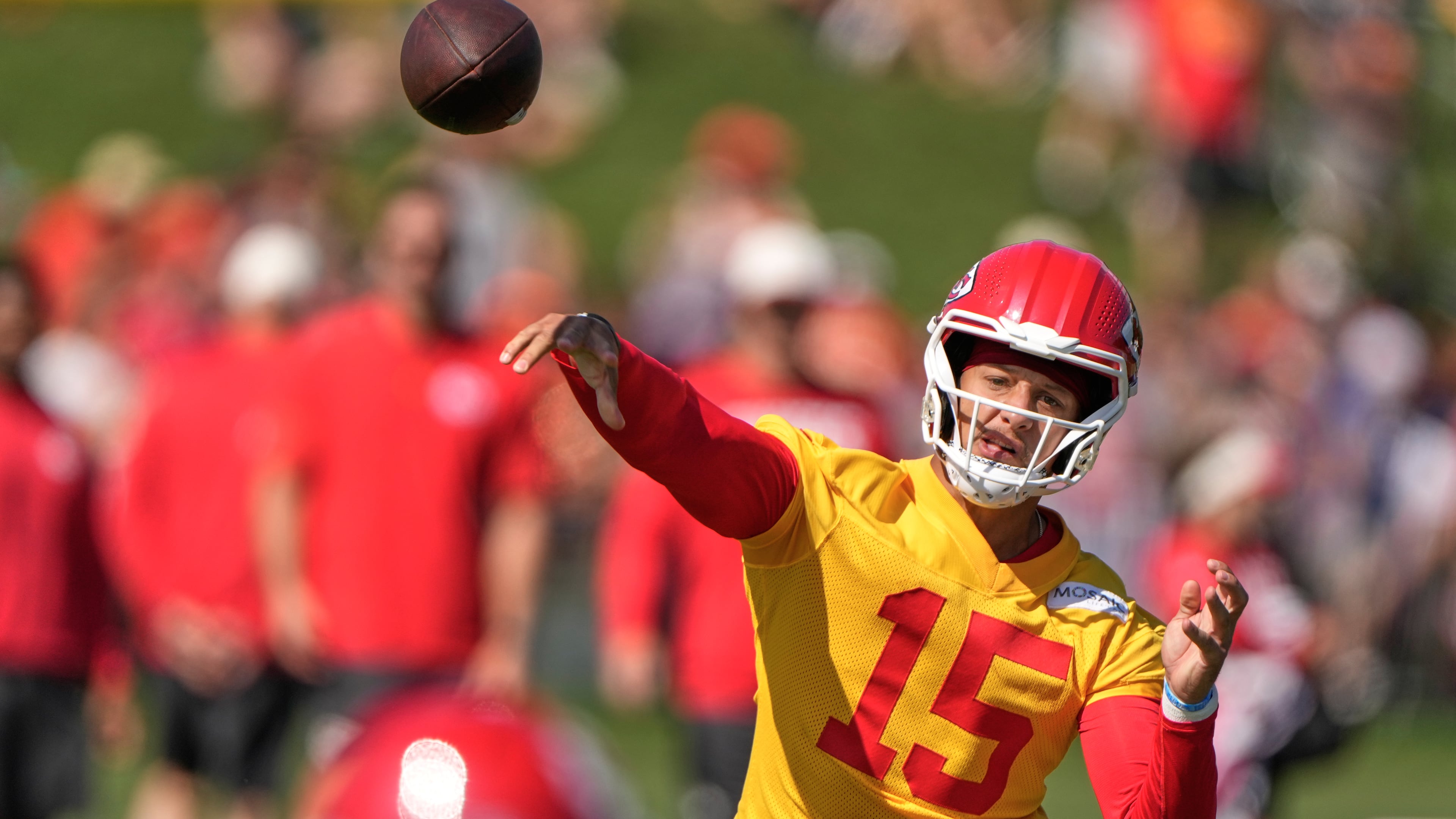 Kansas City Chiefs quarterback Patrick Mahomes throws during NFL football training camp Saturday, Aug. 1, 2026, in St. Joseph, Mo. (AP Photo/Charlie Riedel)