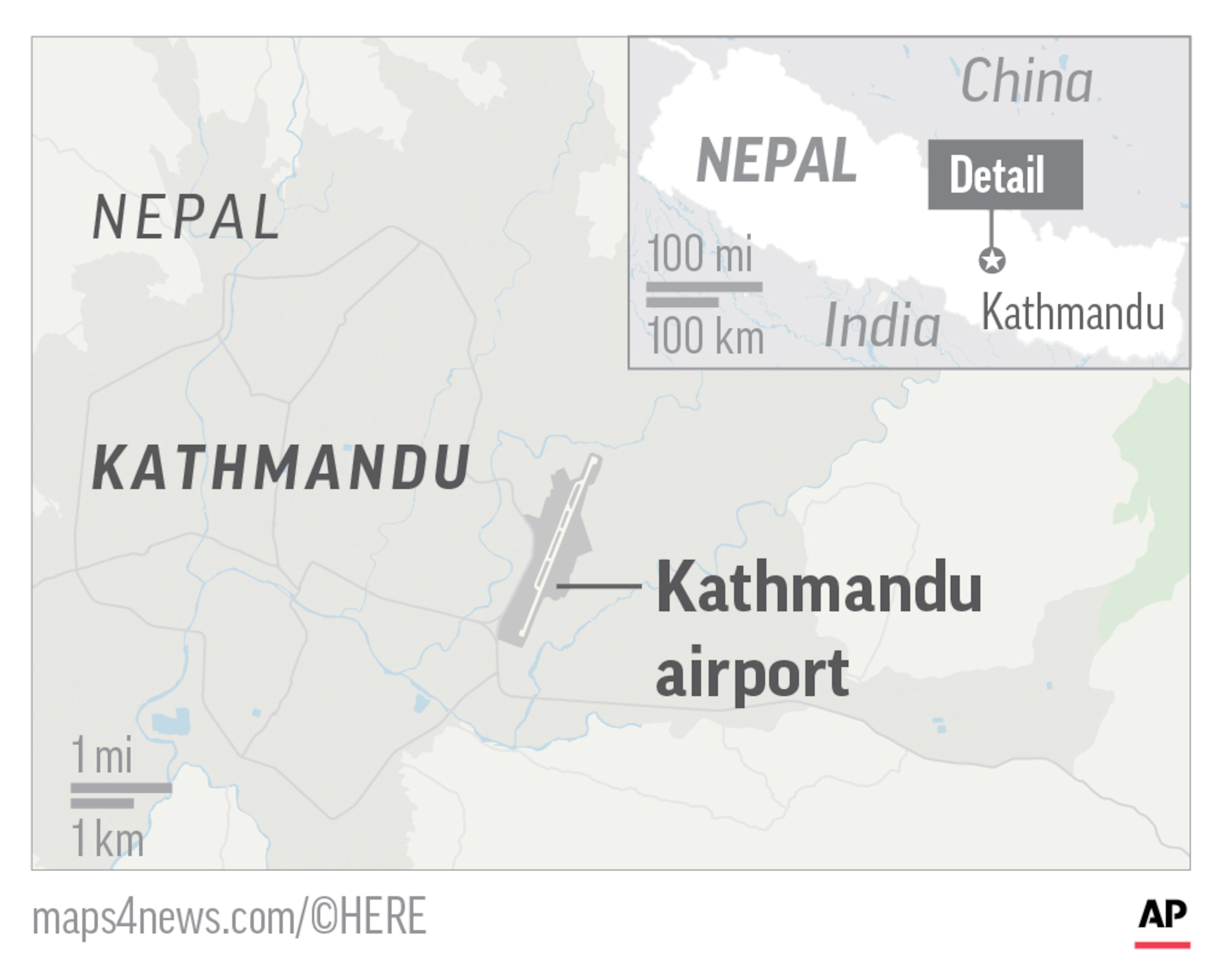 Map locates Kathmandu airport, where a plane from Bangladesh crashed and burst into flames when it landed