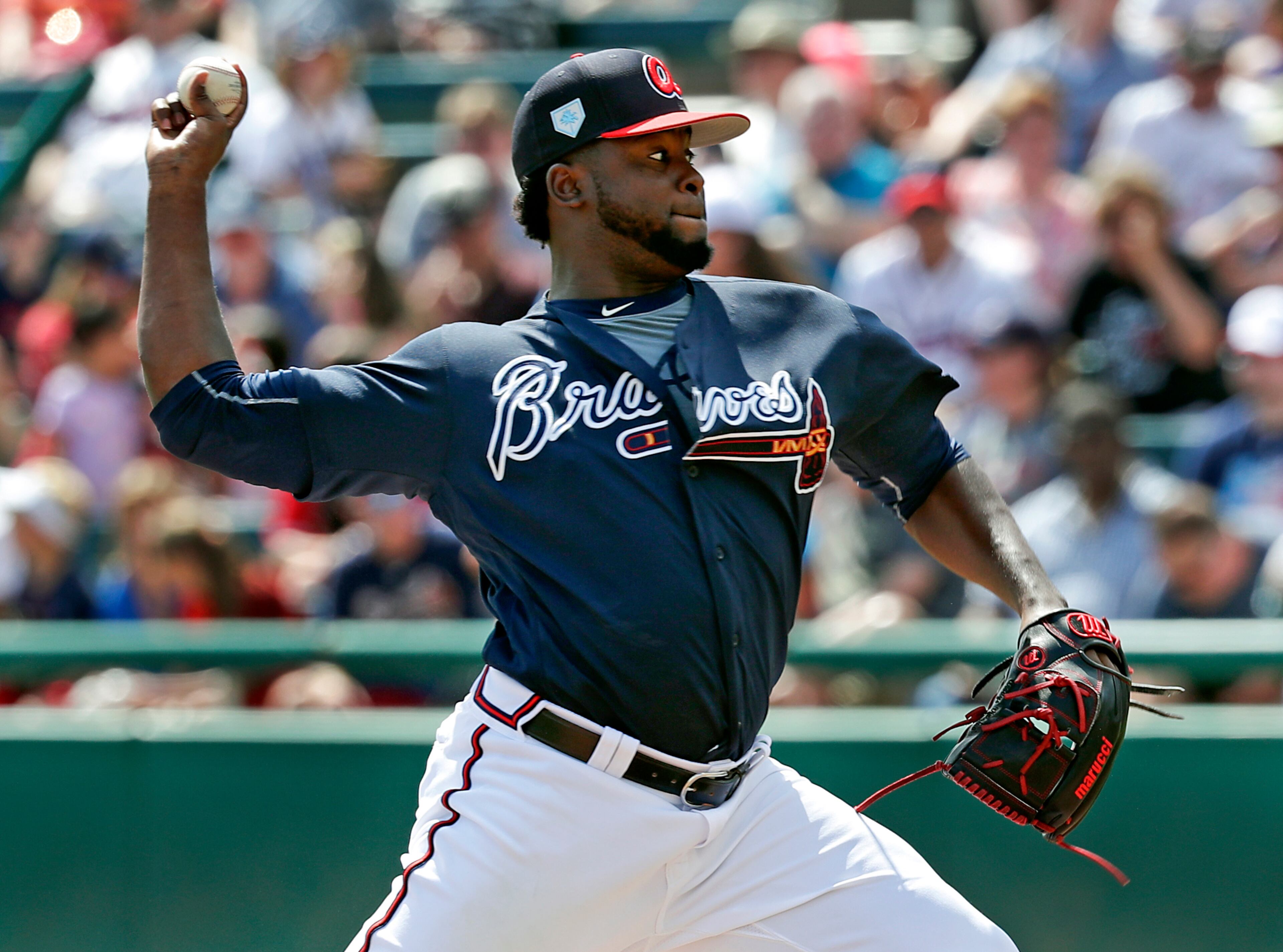 Atlanta Braves' Arodys Vizcaino pitches against the Miami Marlins in the sixth inning of a spring baseball exhibition game, Friday, March 15, 2019, in Kissimmee, Fla. (AP Photo/John Raoux)