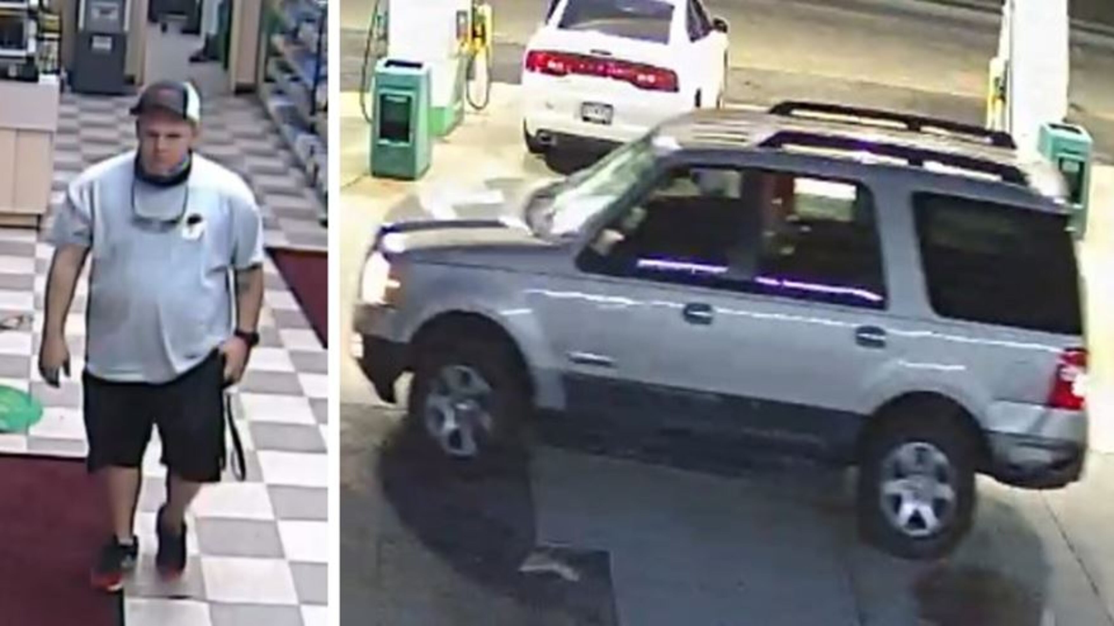 The woman was putting air in the tires of her car. The man backed out of a parking space and slammed into her.