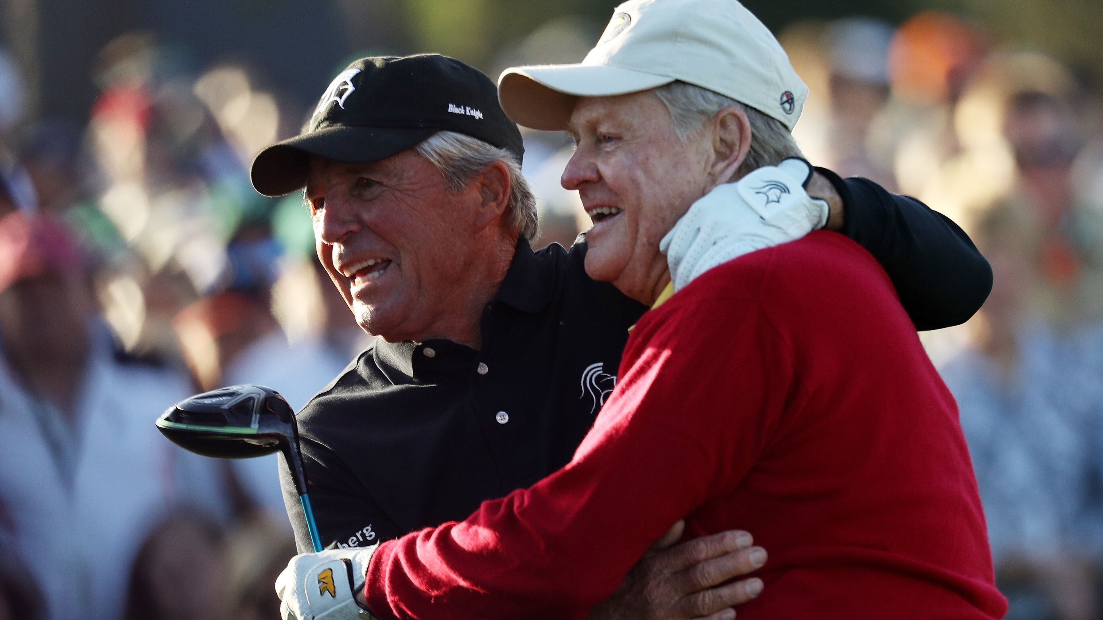 Gary Player (left) and Jack Nicklaus take part in the opening tee ceremony for the first round of the 2018 Masters Tournament Thursday, April 5, 2018, at Augusta National Golf Club.