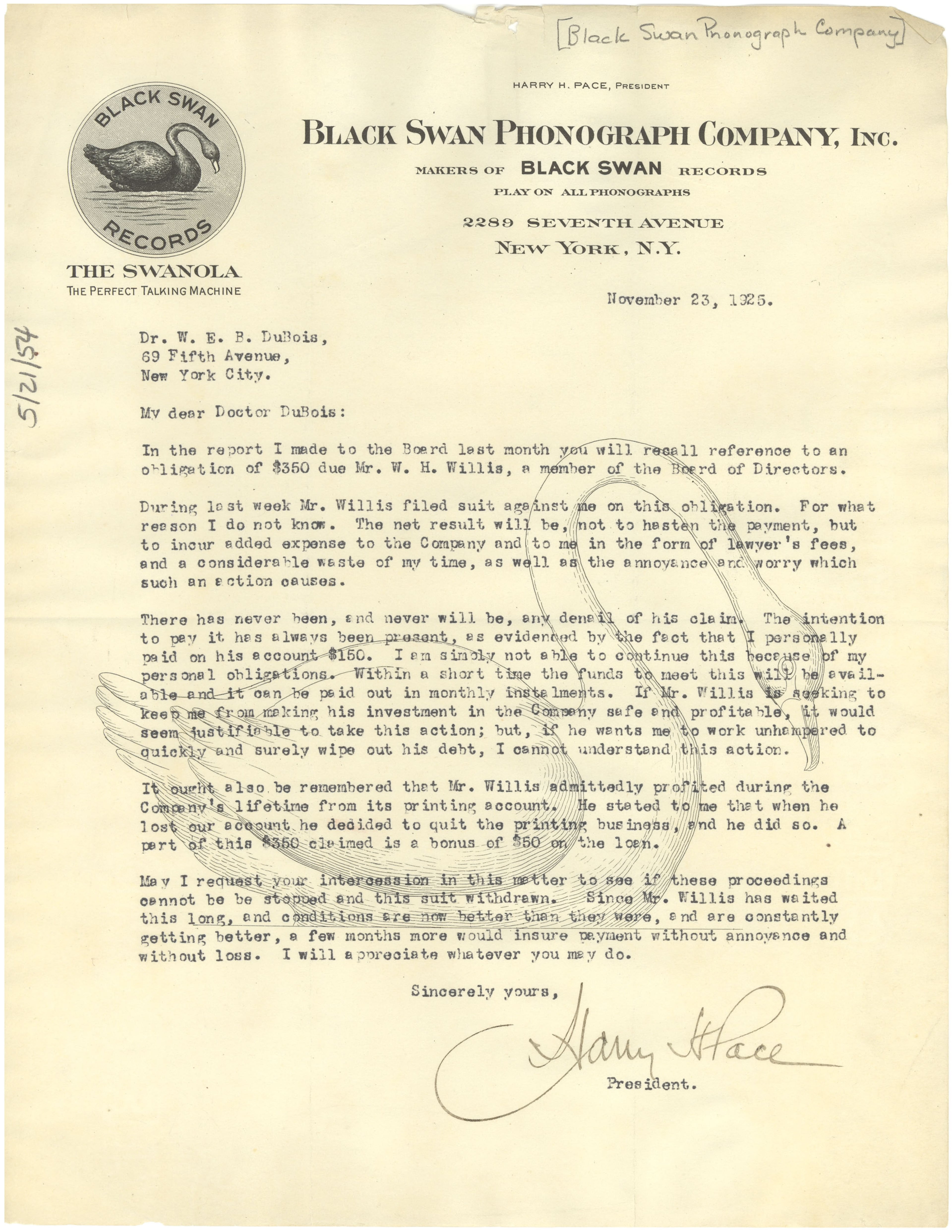 Letter from Black Swan Phonograph Company to W.E.B. Du Bois from Nov. 23, 1925. W. E. B. Du Bois Papers (MS 312). Courtesy of Special Collections and University Archives, University of Massachusetts Amherst Libraries