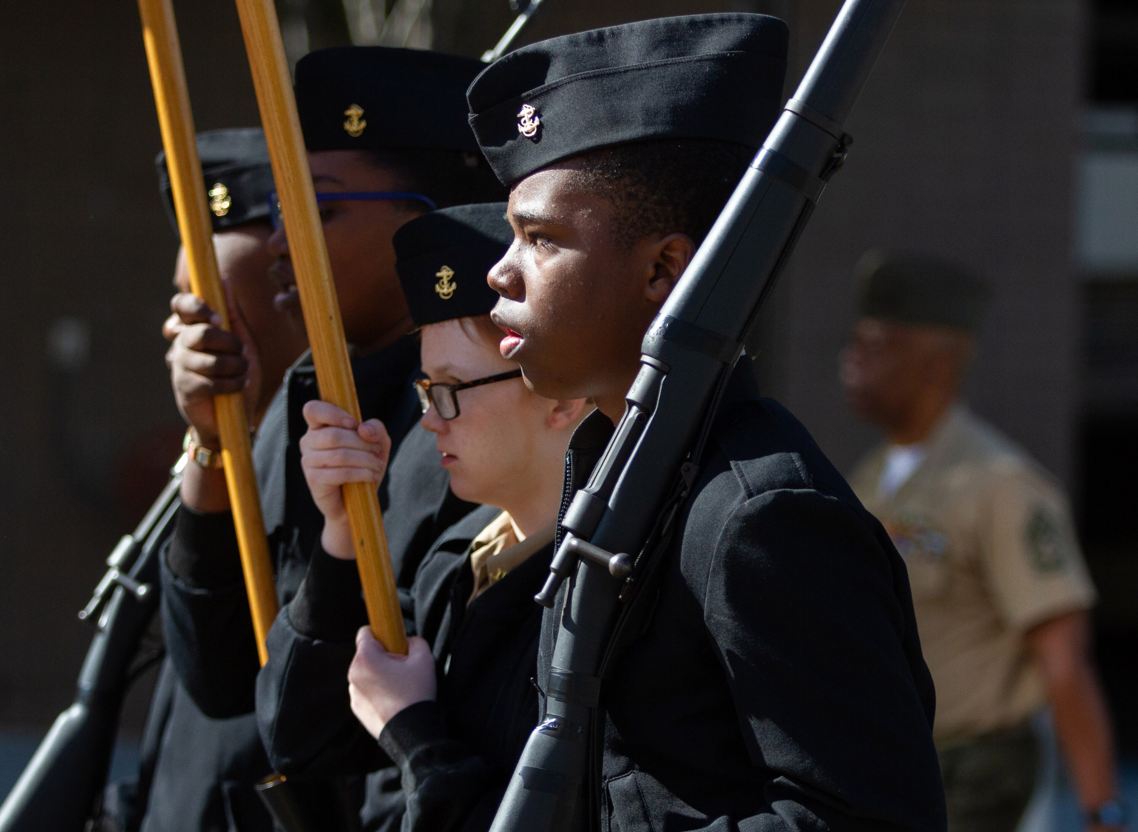 Macon County High School's Navy JROCT marches down Marietta Street during the 38th Annual Atlanta Veterans Day Parade on Saturday, November 9, 2019. STEVE SCHAEFER / SPECIAL TO THE AJC