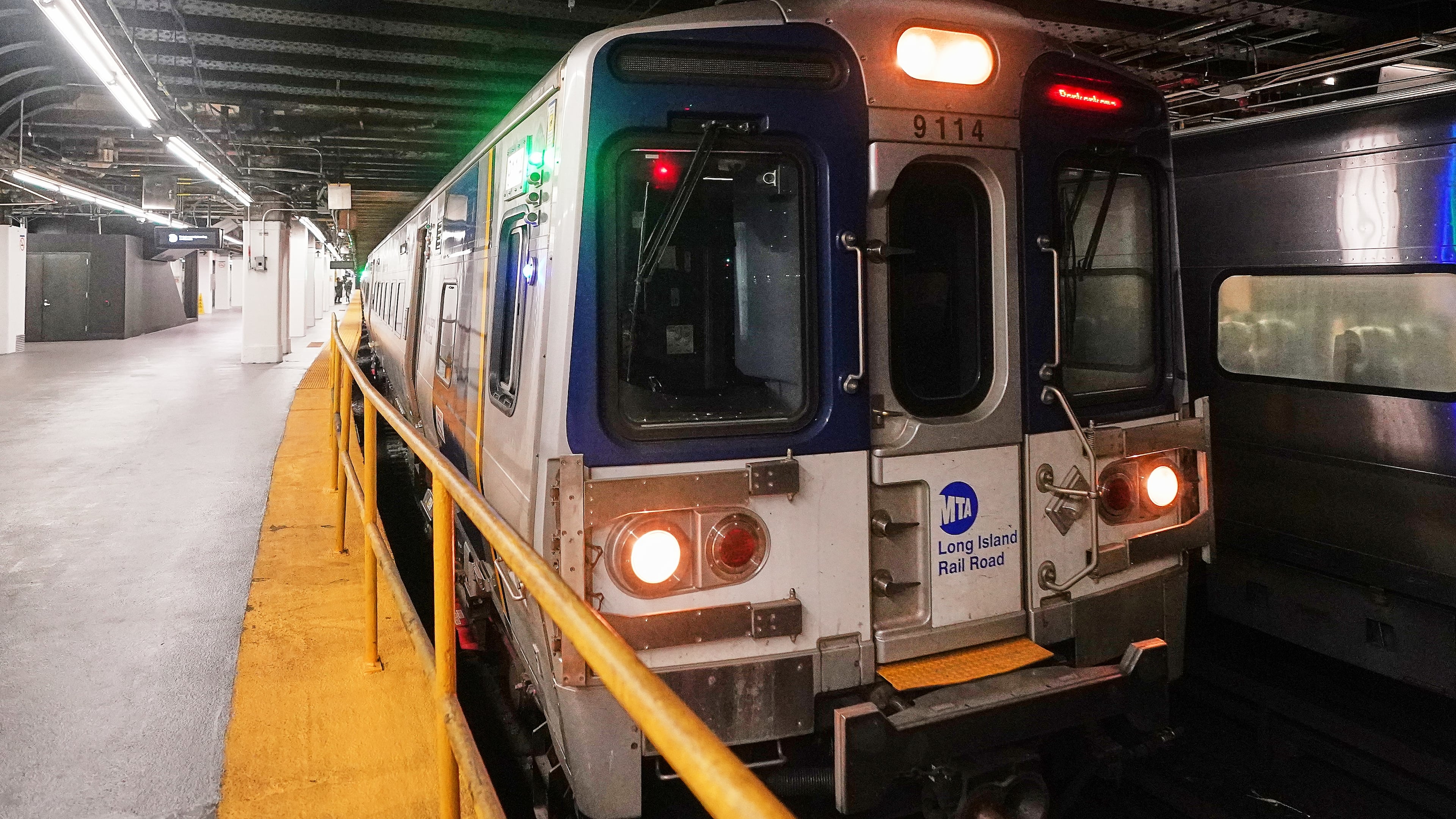 The first departing Long Island Rail Road train leaves Pennsylvania Station, in New York, Tuesday, May 19, 2026. (AP Photo/Richard Drew)