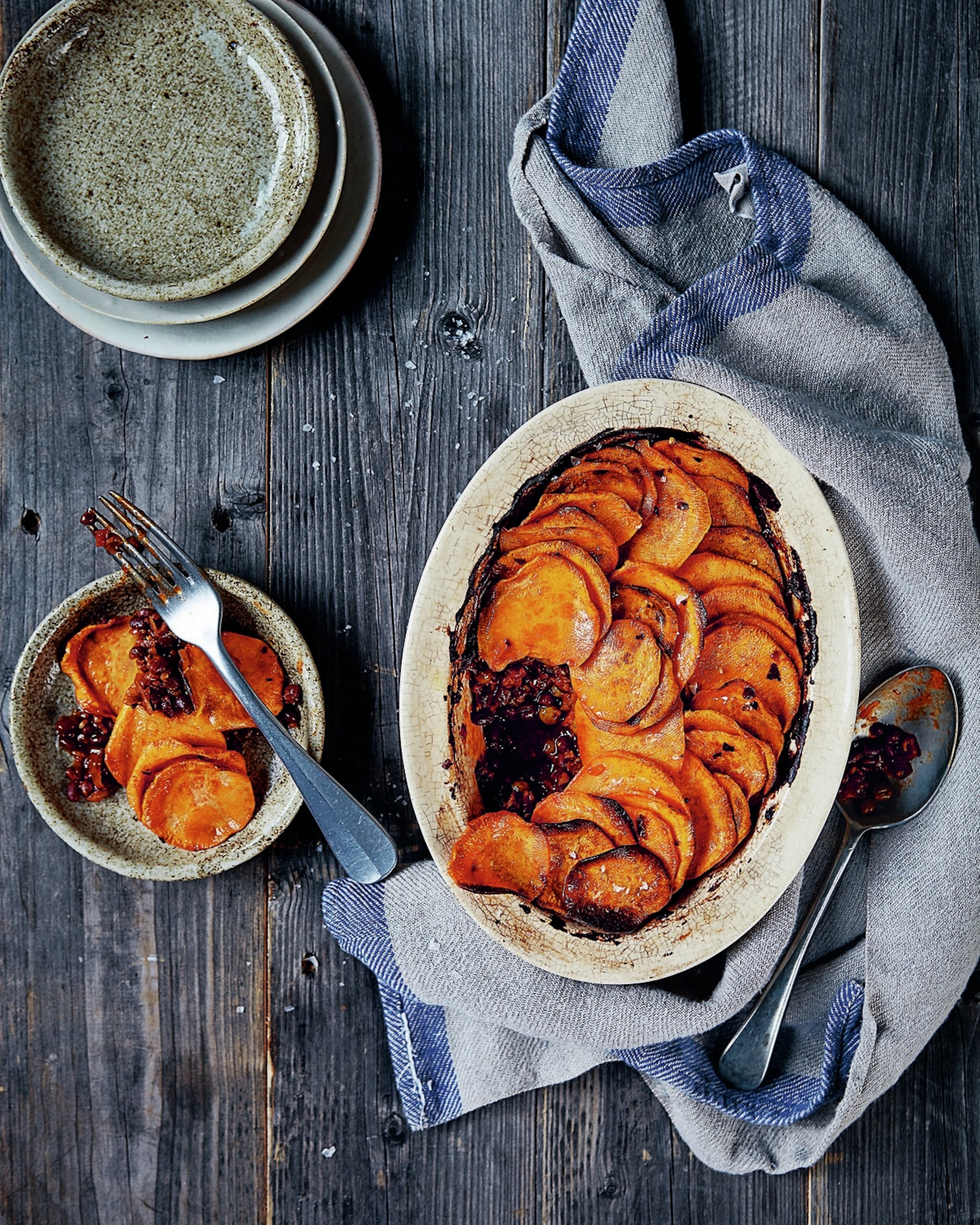 Sweet potatoes and aduki beans fill this vegan casserole, but you could swap out regular potatoes or another kind of bean if you prefer. Contributed by Nassima Rothacker