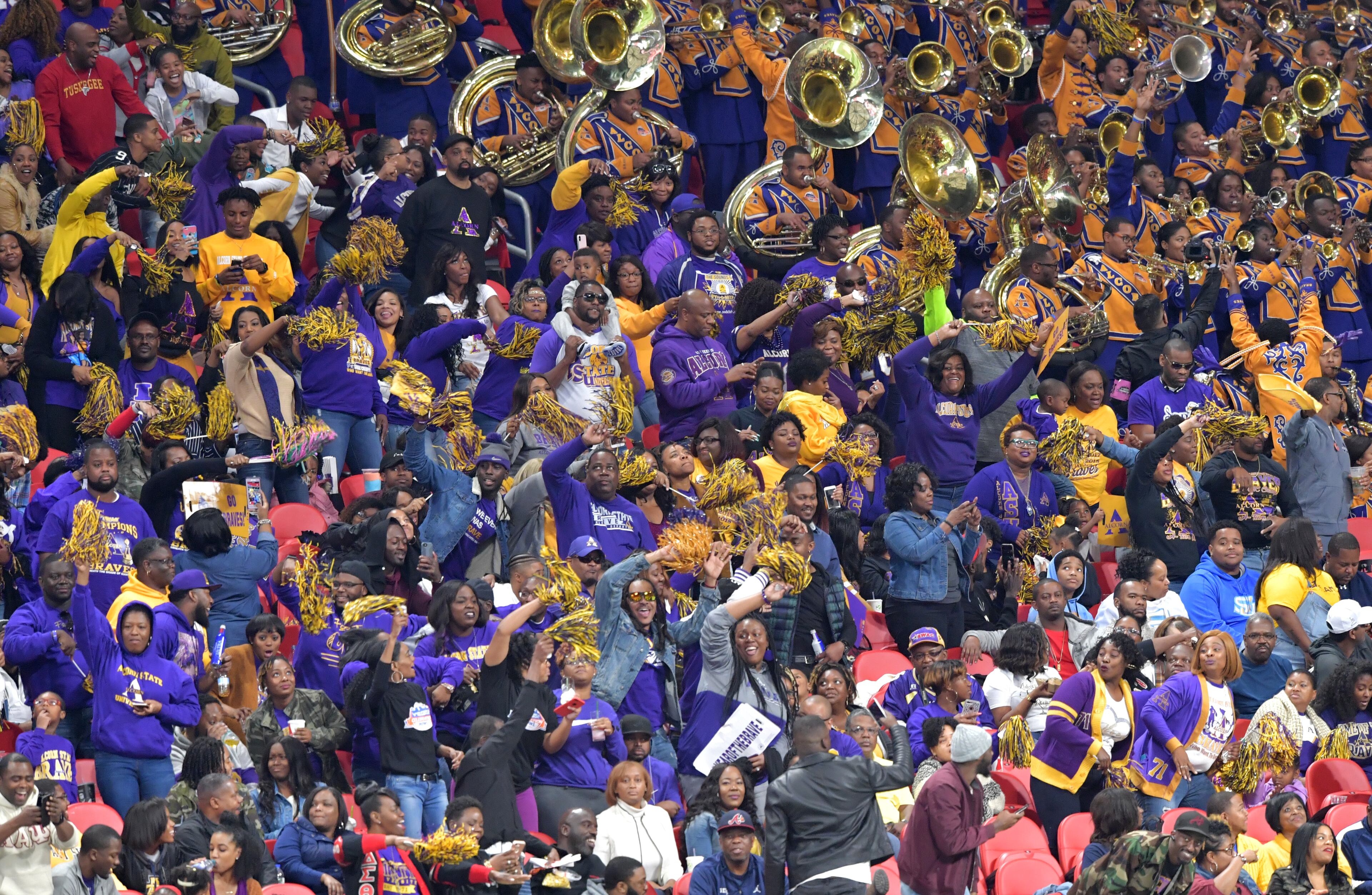December 15, 2018 Atlanta - Alcorn State fans cheer during the second half of the 2018 Celebration Bowl at Mercedes-Benz Stadium on Saturday, December 15, 2018. North Carolina A&T won 24-22 over the Alcorn State. HYOSUB SHIN / HSHIN@AJC.COM