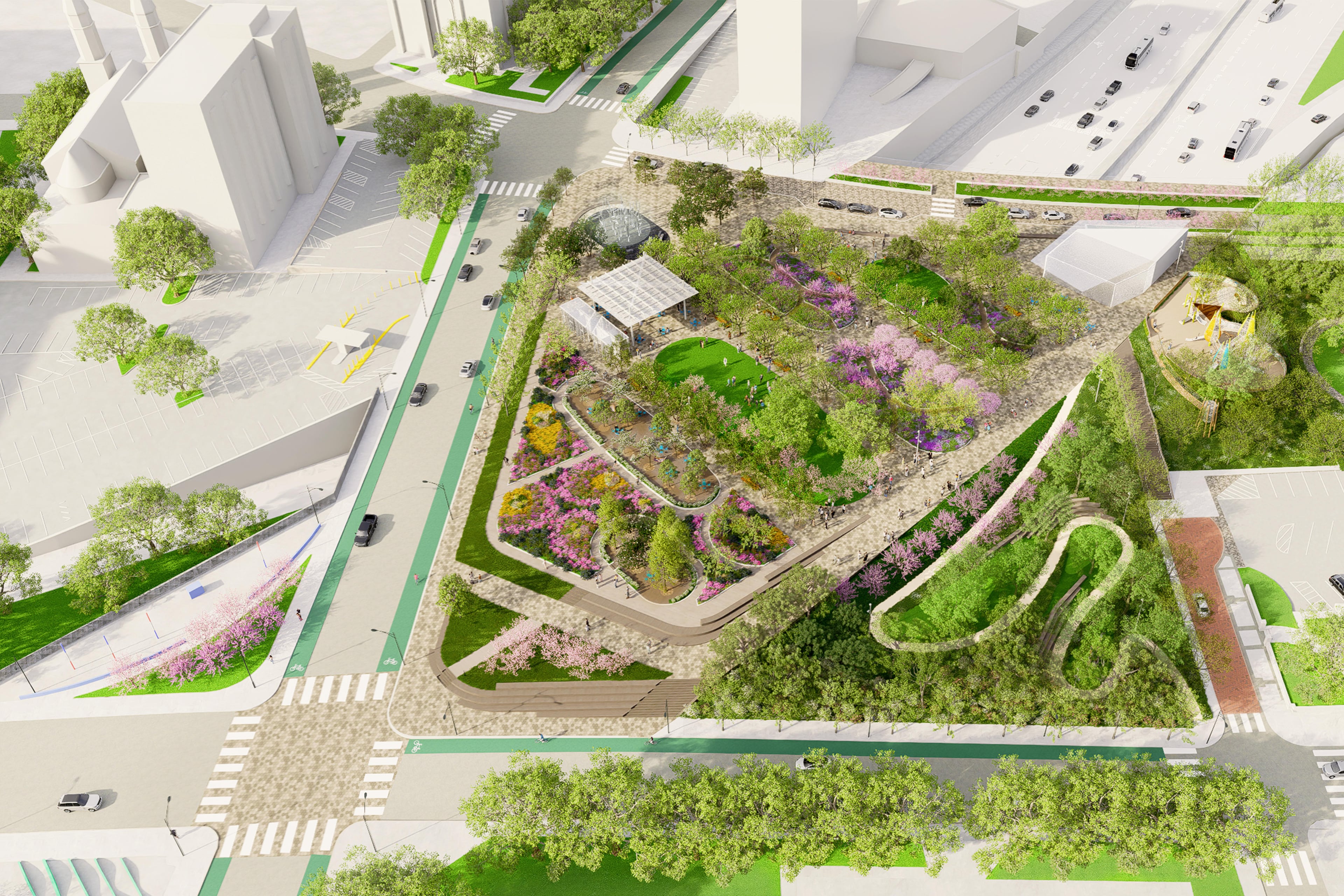 This is an aerial rendering of the first phase of the Stitch in downtown Atlanta. It was unveiled Wednesday, Oct. 22, 2025, during the inaugural Downtown Day hosted by Central Atlanta Progress and the Atlanta Downtown Improvement District. (Courtesy of Atlanta Downtown Improvement District)