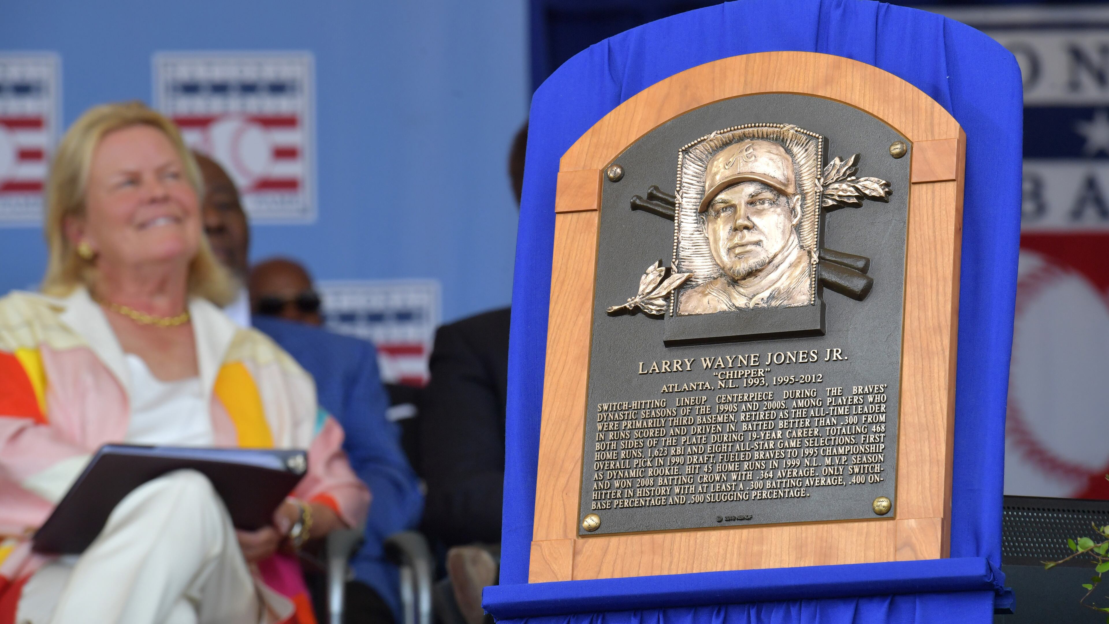 Chipper Jones' Hall of Fame plaque is displayed as he speaks Sunday, July 29, 2018, in Cooperstown, N.Y.