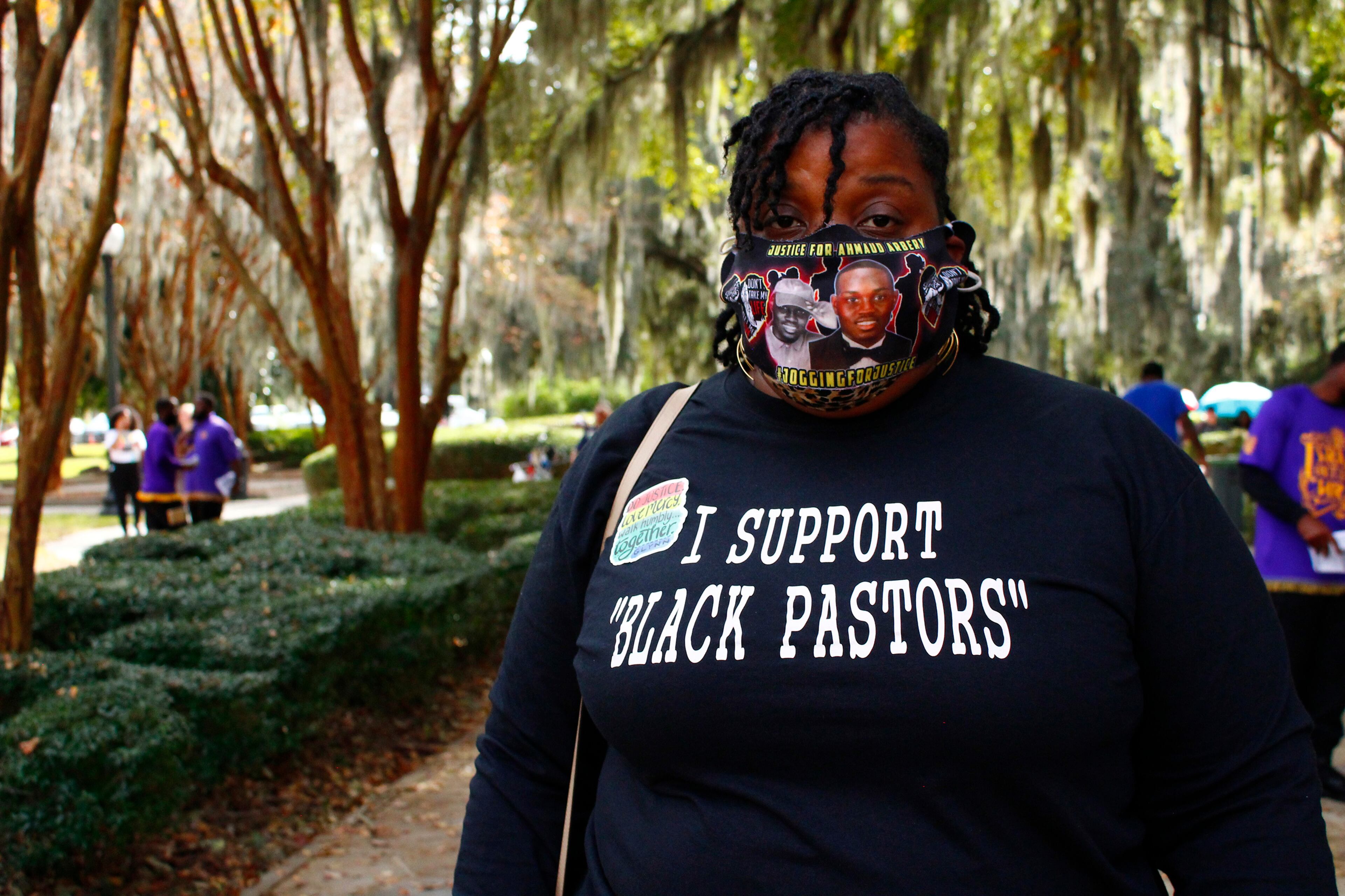 Thea Brooks, the aunt of Ahmaud Arbery, wears a T-shirt supporting Black pastors following inflammatory comments from attorney Kevin Gough, on Nov. 18, 2021. (Asia Simone Burns/Atlanta Journal-Constitution/TNS)