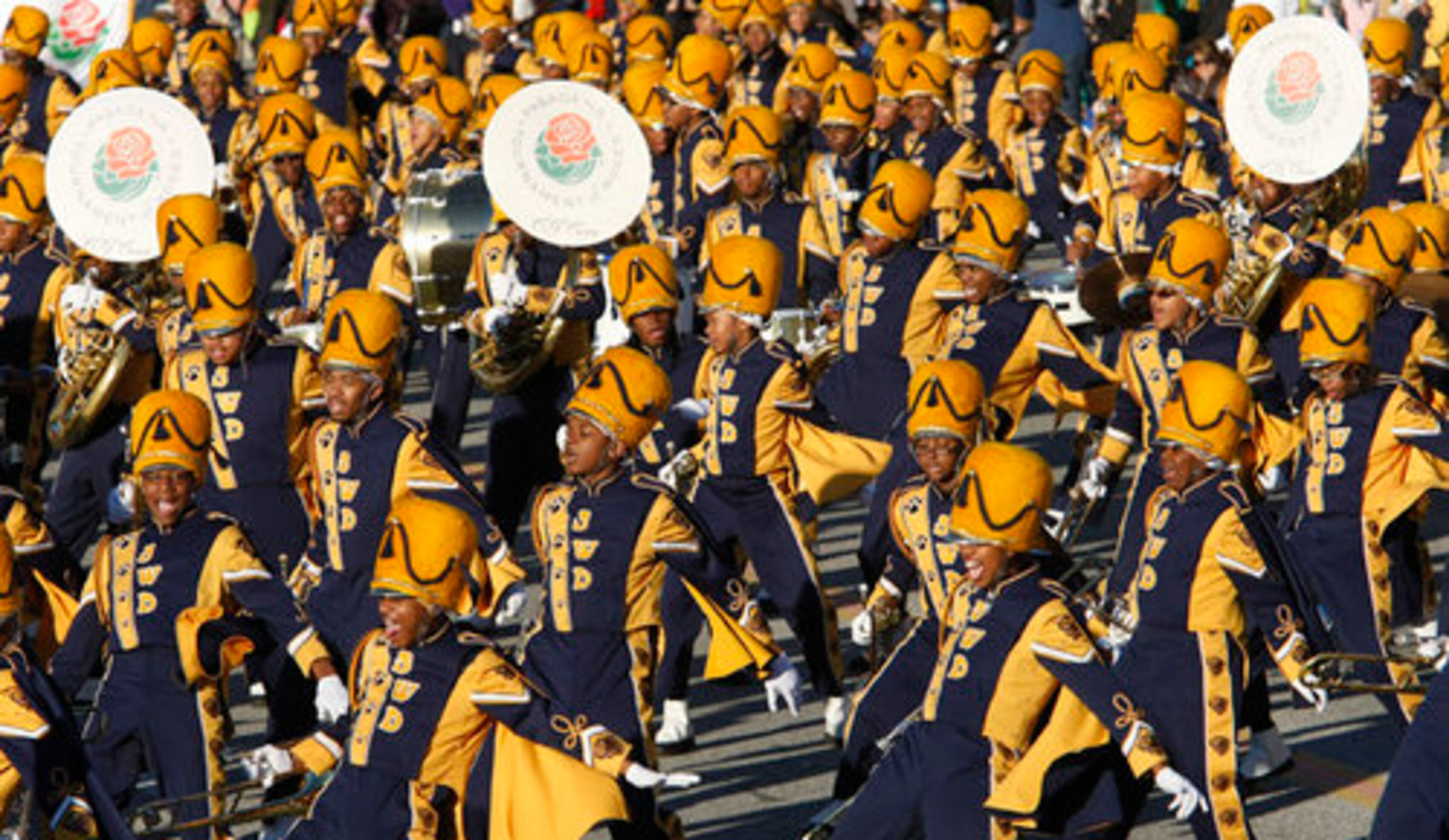 The Southwest DeKalb High School Marching Panther Band from Decatur runs through its routine as it takes part in the 122nd Rose Parade. Southwest DeKalb and Central Carroll High School from Carrollton are the only Georgia schools participating in the parade, which features 15 marching bands.