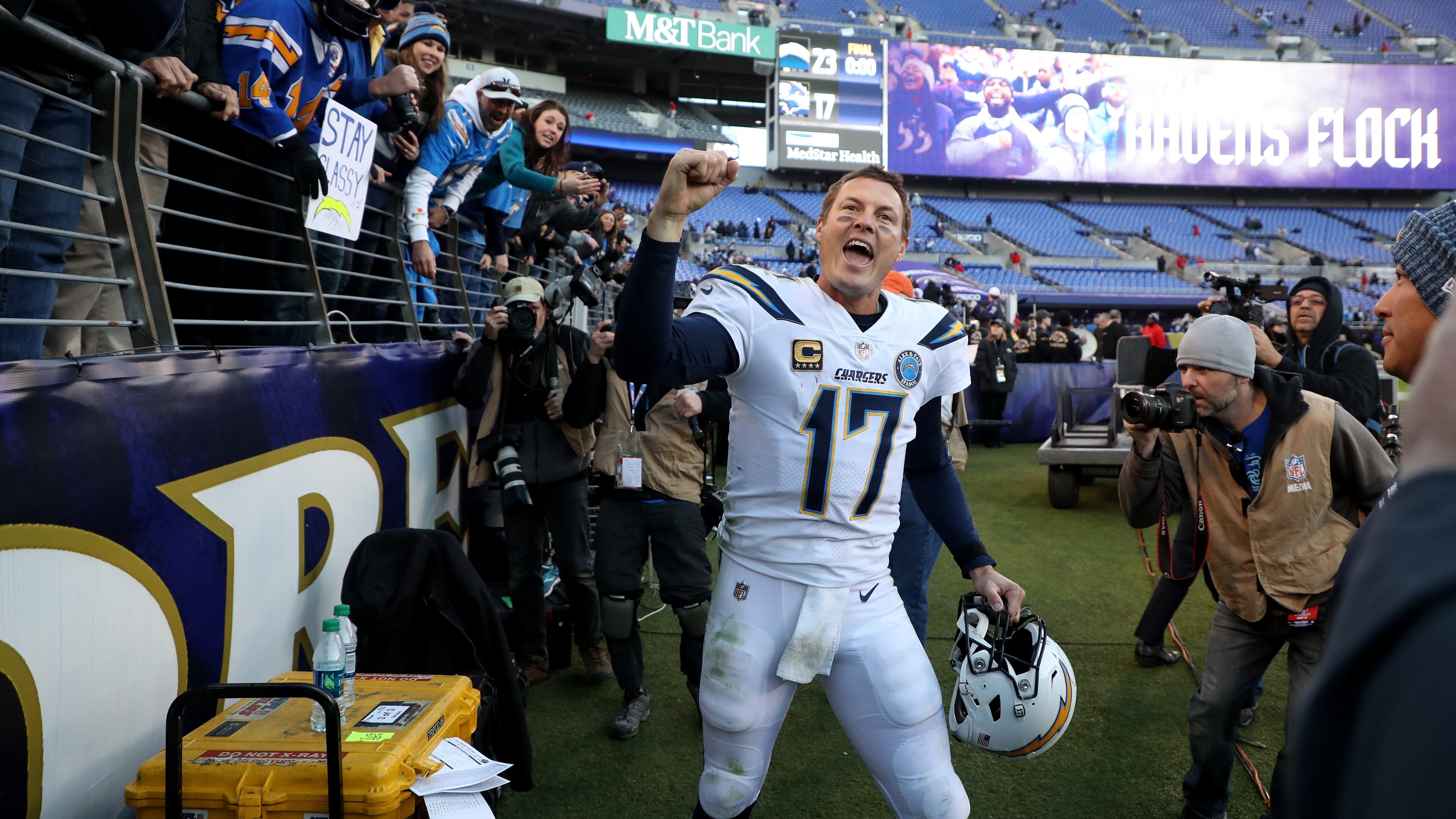 Philip Rivers of the Los Angeles Chargers celebrates after defeating the Baltimore Ravens after the AFC Wild Card Playoff game at M&T Bank Stadium on January 06, 2019 in Baltimore, Maryland. The Chargers defeated the Ravens with a score of 23 to 17. (Photo by Rob Carr/Getty Images)