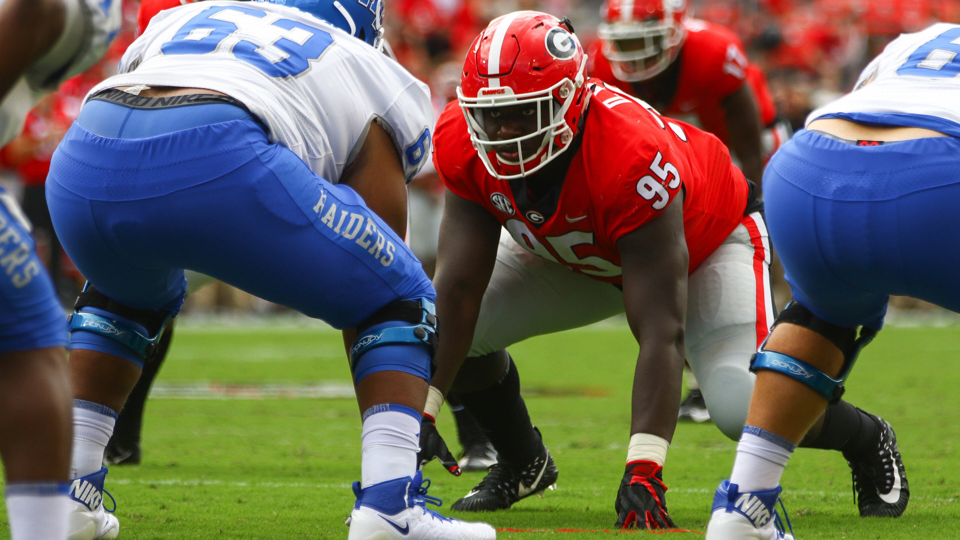 Georgia defensive lineman Devonte Wyatt (95) lines up against Middle Tennessee State University Saturday, Sept. 15, 2018, at Sanford Stadium in Athens. (Kristin M. Bradshaw/UGA Athletics)