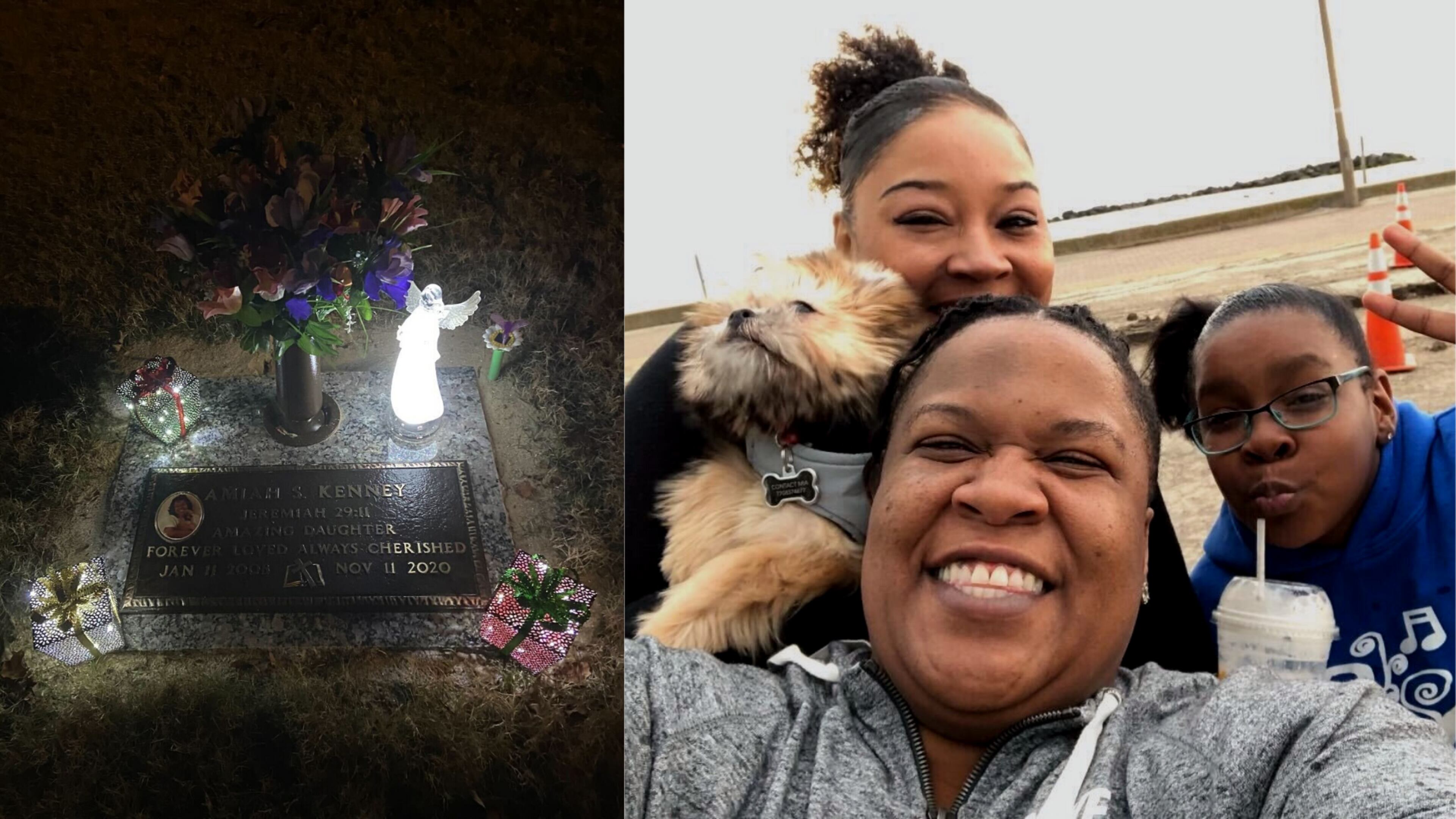 Amiah Kenney (right) and her emotional support puppy, Noah, were killed in 2020 when Eric Rodriguez crashed his vehicle into the back of the car where she, her stepmother D'Arrah Jackson (back) and her mother Prionna Kenney were inside.
