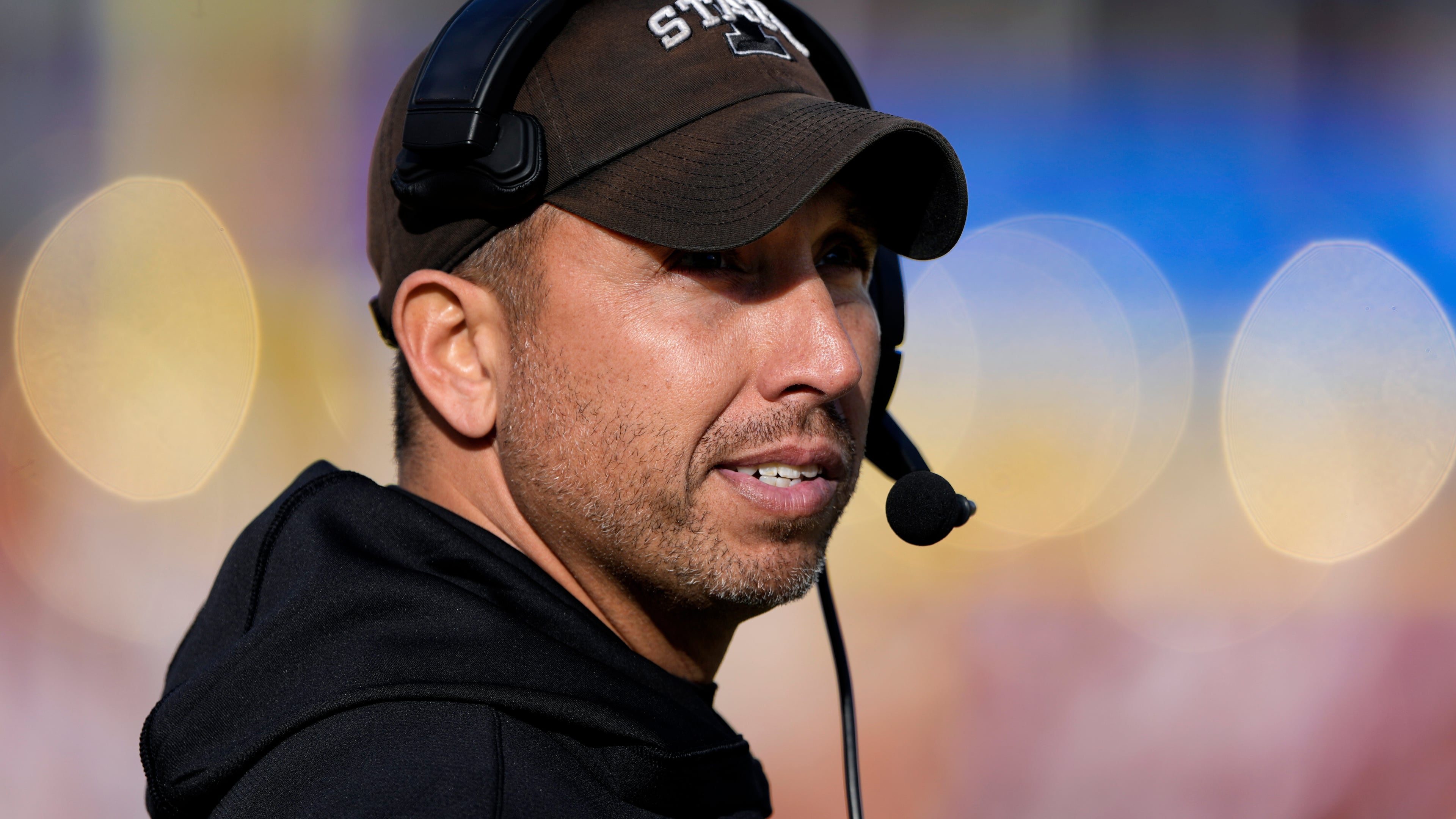 FILE - Former Iowa State head coach Matt Campbell, now head coach at Penn State, looks toward the scoreboard during the second half of an NCAA college football game against Kansas, Nov. 22, 2025, in Ames, Iowa. (AP Photo/Matthew Putney, File)