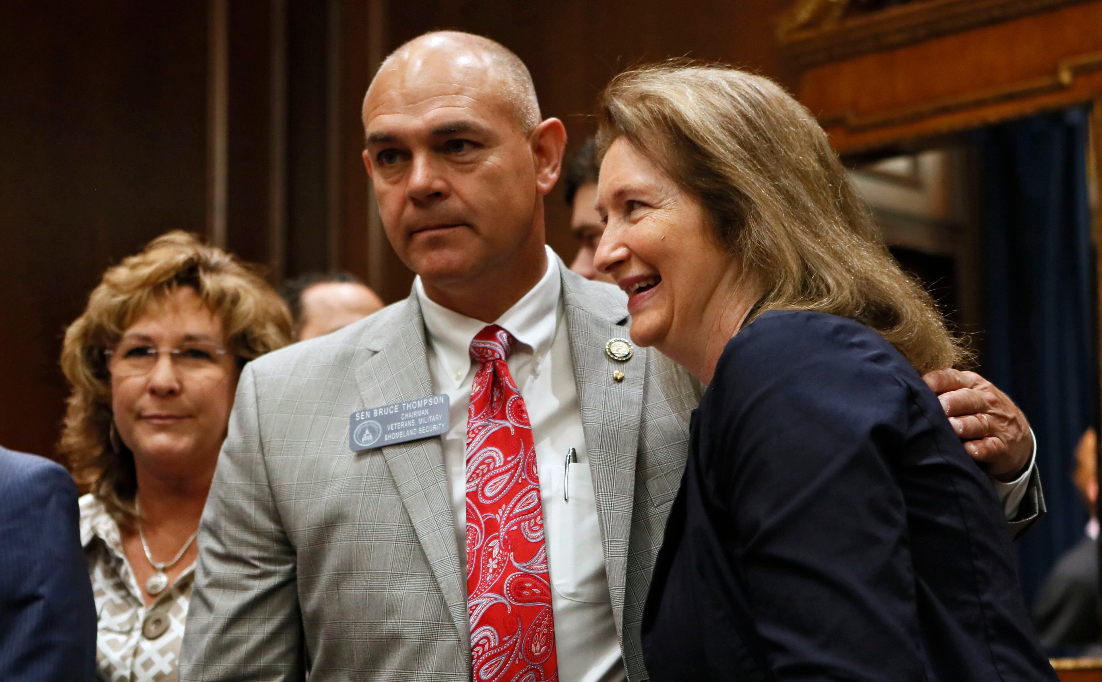 May 7, 2019 - Atlanta - Sen. Bruce Thompson, R - White, greets Virginia Galloway, from the Faith and Freedom Coalition, before the signing. Surrounded by supporters of the bill, Gov. Brian Kemp signed HB 481, the "heartbeat bill", on Tuesday, setting the stage for a legal battle as the state attempts to outlaw most abortions after about six weeks of pregnancy. The bill, sponsored by Rep. Ed Setlzer, R-Acworth, and carried in the Senate by Sen. Renee Unterman, R - Buford, outlaws most abortions once a doctor can detect a fetus' heartbeat - usually around six weeks of pregnancy. Bob Andres / bandres@ajc.com
