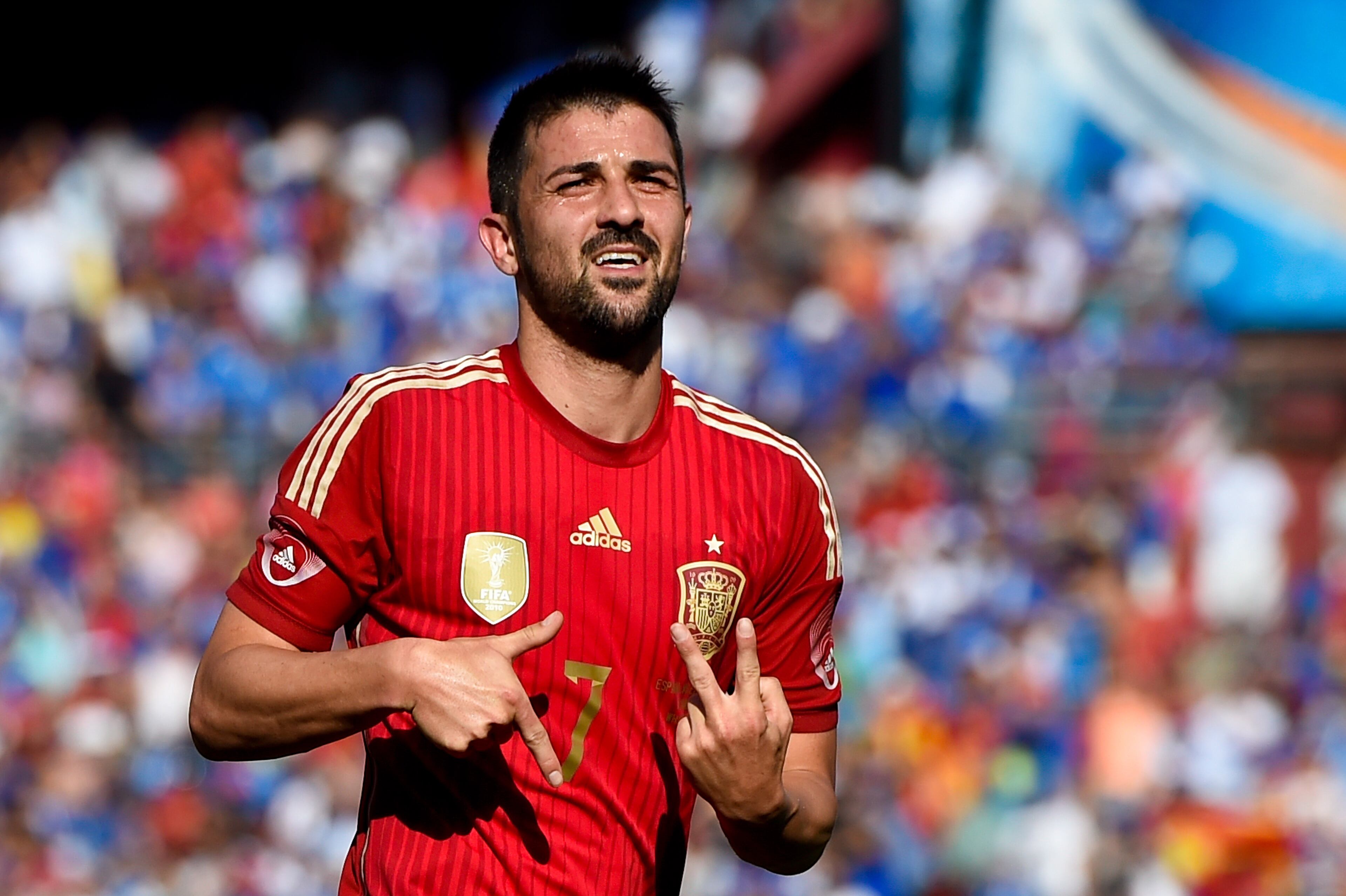 LANDOVER, MD - JUNE 07: David Villa of Spain celebrates after scoring his team's second goal during an international friendly match between El Salvador and Spain at FedExField on June 7, 2014 in Landover, Maryland. (Photo by David Ramos/Getty Images)
