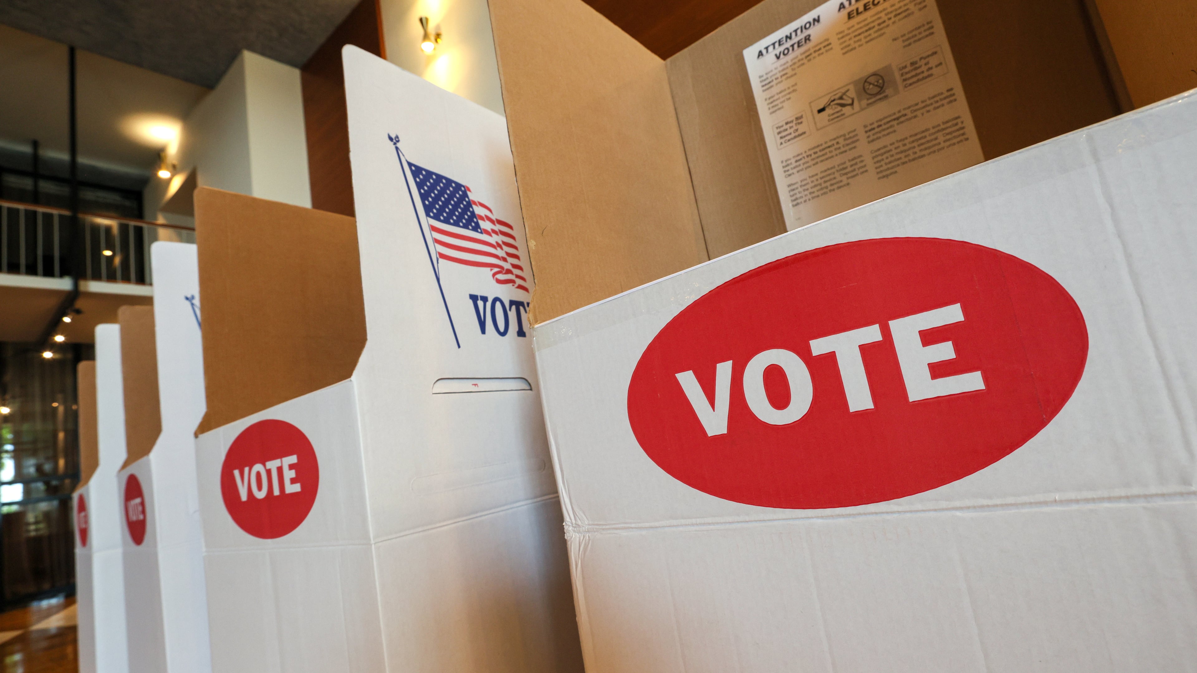 Voting booths are set up at a polling location inside St. Luke's Methodist Church, Tuesday, June 16, 2026, in Oklahoma City. (AP Photo/Nate Billings)