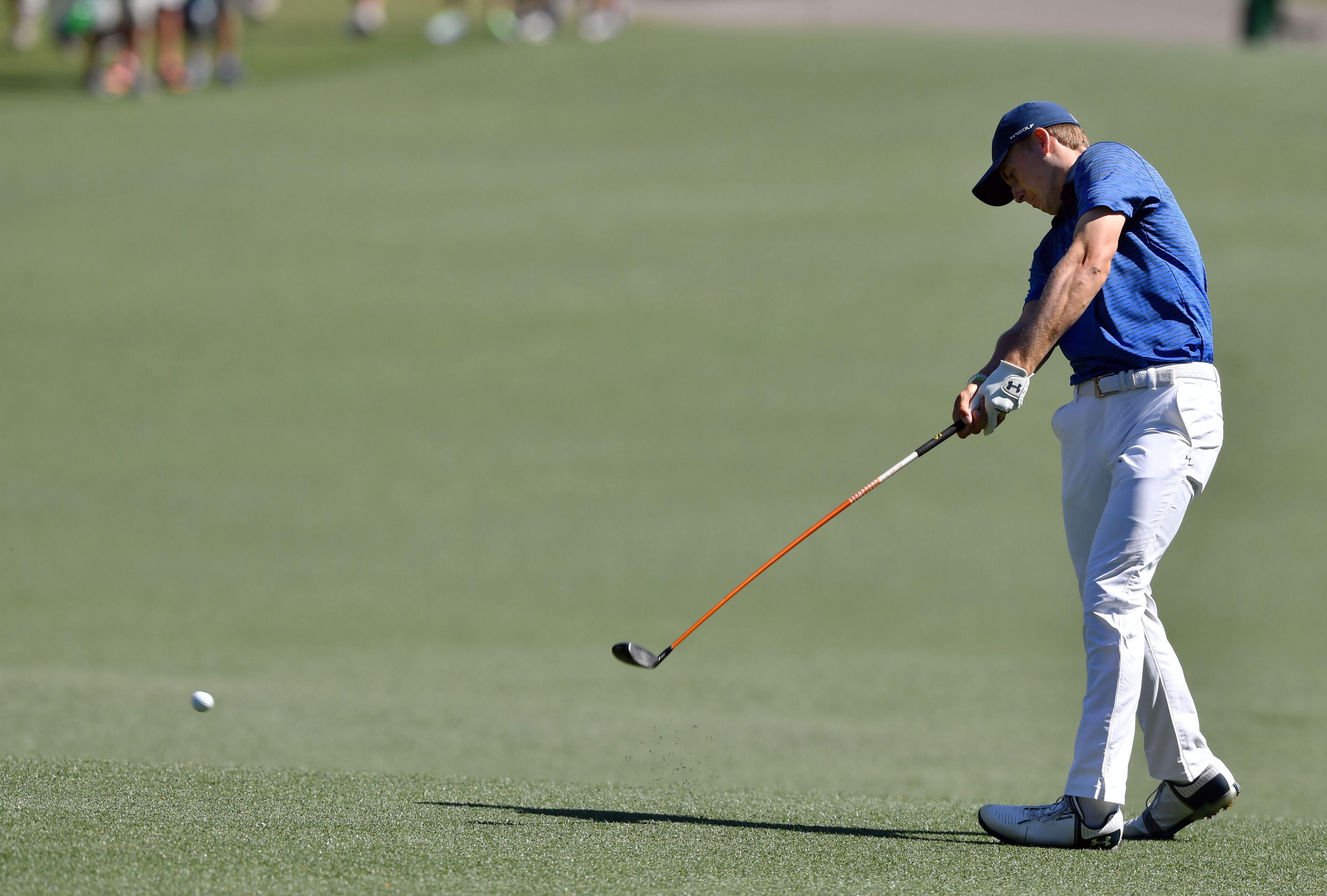 April 8, 2017 AUGUSTA Jordan Spieth hits his second shot on the 8th fairway. Play begins in the third round of the 81st Masters tournament at the Augusta National Golf Club, Saturday, April 8, 2017. BRANT SANDERLIN / SPECIAL