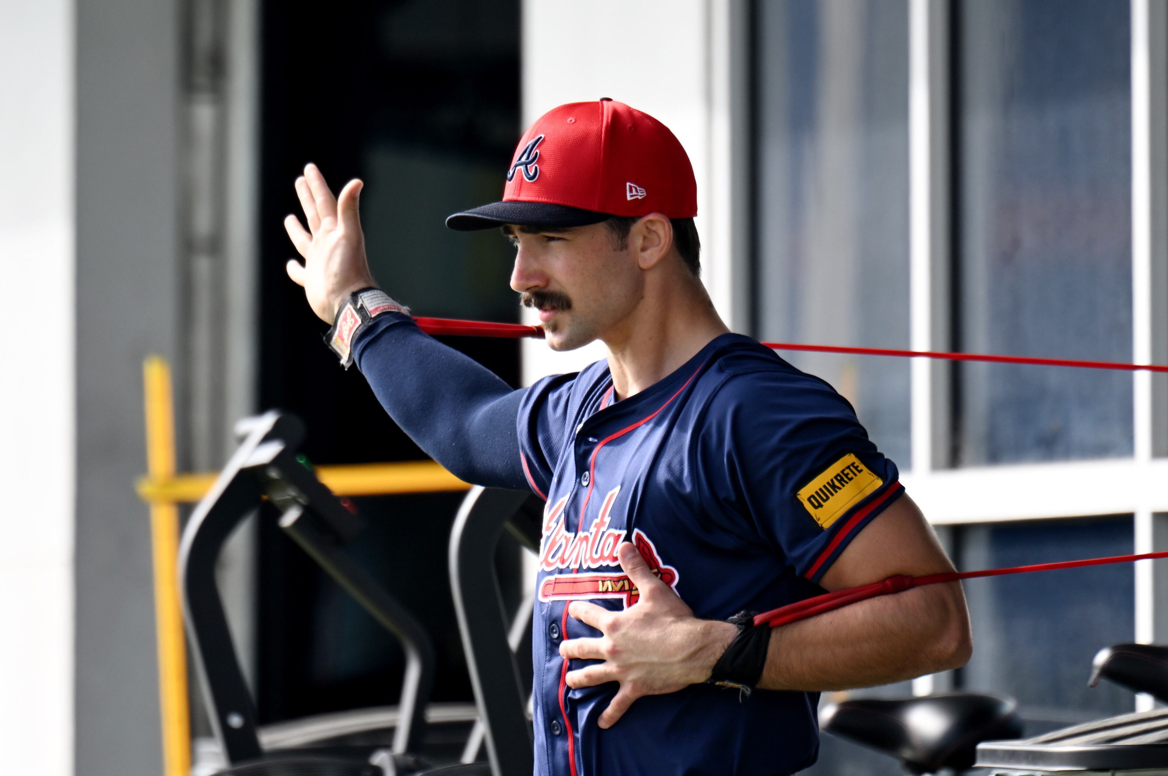 Atlanta Braves starting pitcher Spencer Strider warms up during spring training workouts at CoolToday Park, Friday, February, 16, 2024, in North Port, Florida. (Hyosub Shin / Hyosub.Shin@ajc.com)
