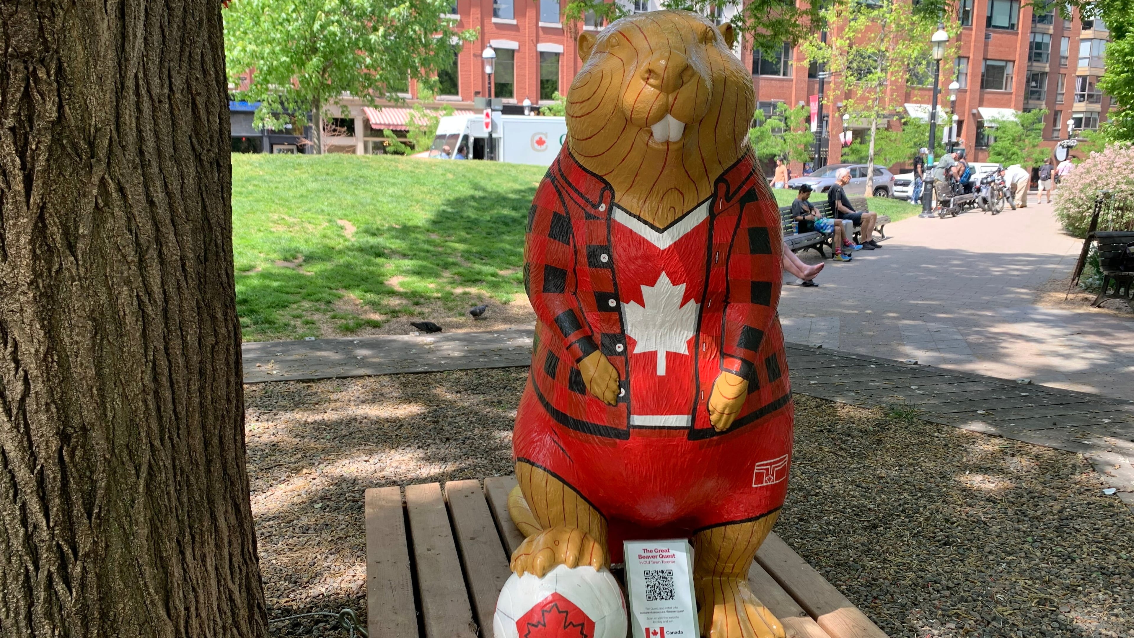 A beaver sculpture representing Canada that is part of The Great Beaver Quest, a World Cup-themed contest, stands in a park Thursday, June 4, 2026, in Toronto. (AP Photo/Mike Householder)