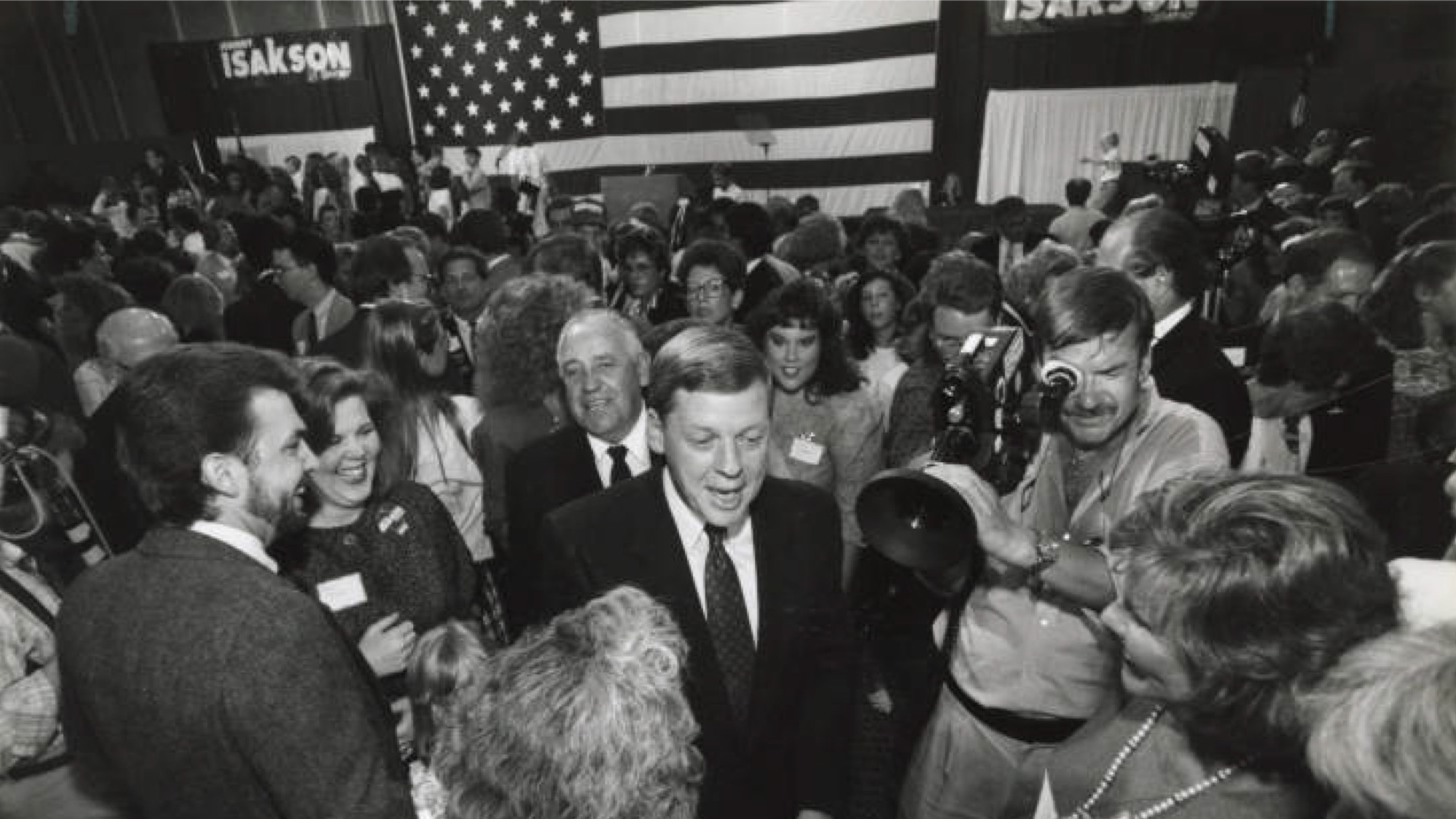 Republican gubernatorial candidate Johnny Isakson works the crowd on the night he won the GOP primary, July 17, 1990, at his party headquarters at the Waverly Hotel. (John Spink / AJC Archive at GSU Library AJCP431-016g)