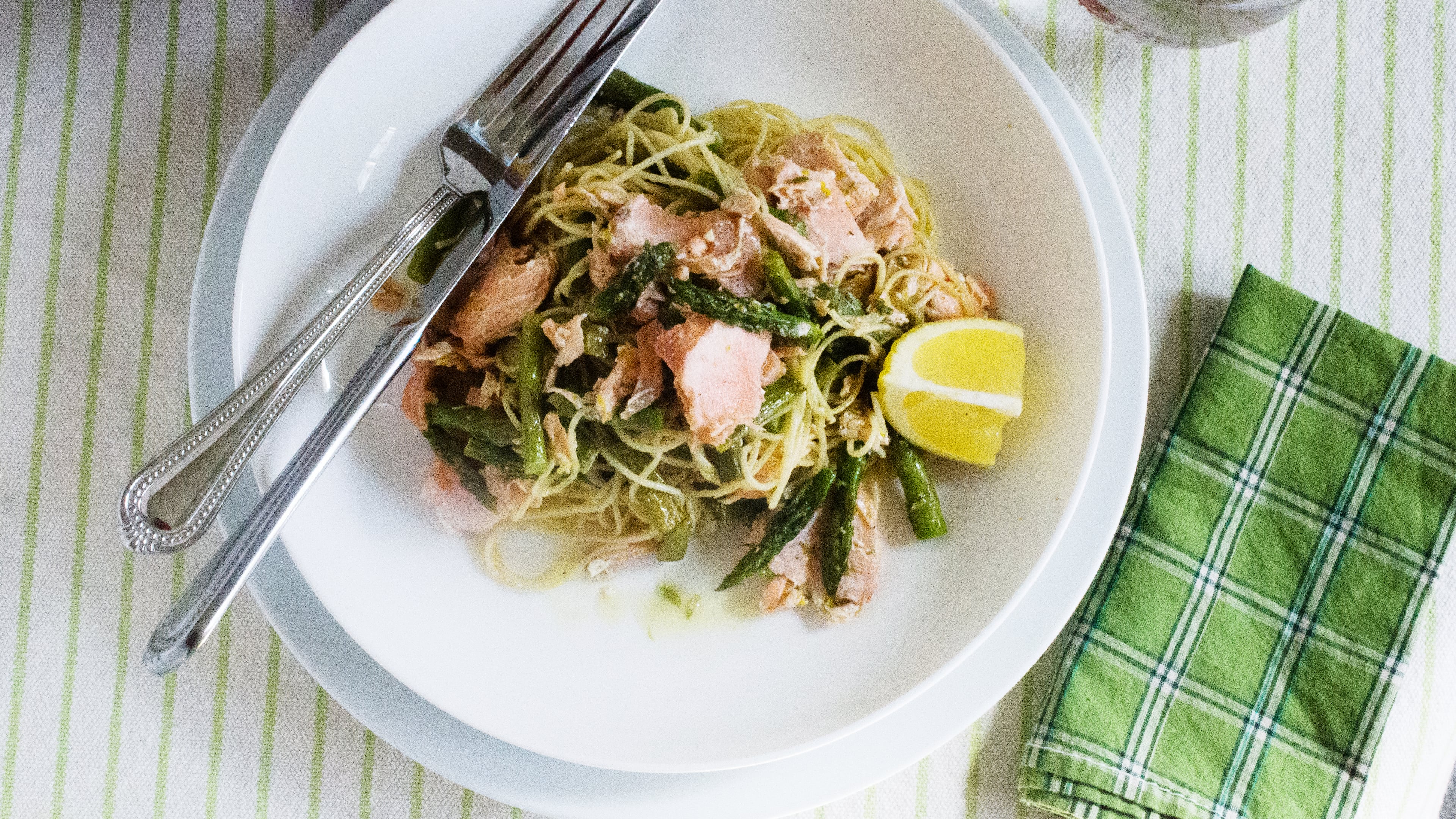 Baked Salmon, Asparagus and Lemon with Angel Hair Pasta
Virginia Willis for The Atlanta Journal-Constitution