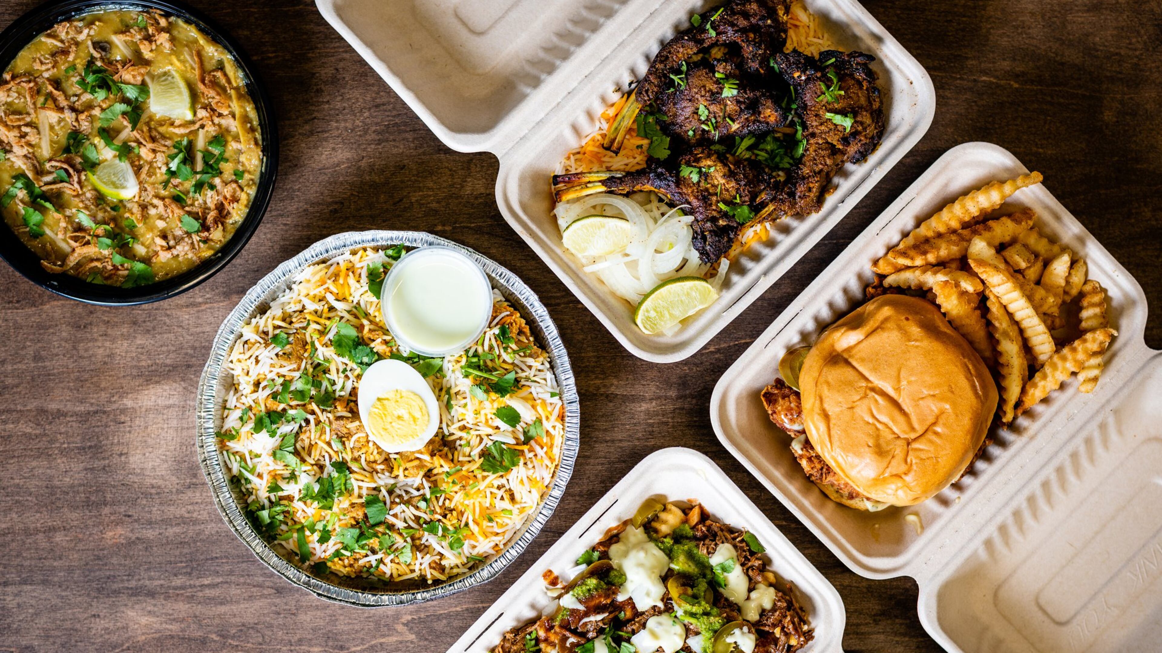 A selection of menu items at Atlanta Halal Meat & Food: (clockwise, from top center) masala lamb chops, the Karee Fried Chicken Sandwich, Farmo Fries with Nihari topping, goat biryani and haleem. CONTRIBUTED BY HENRI HOLLIS