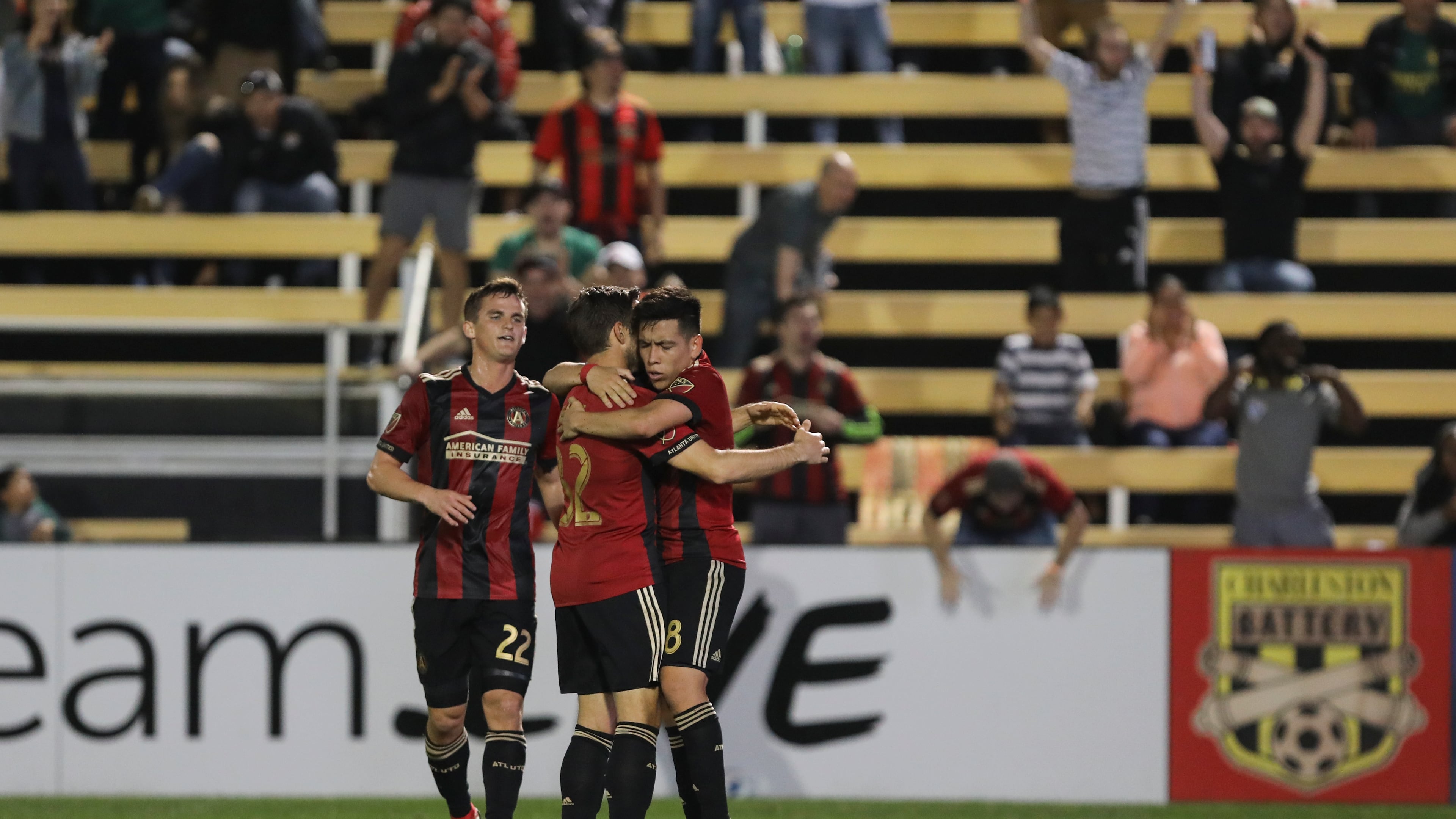 Atlanta United celebrates Ezequiel Barco's goal on Wednesday in Charleston. (Atlanta United)
