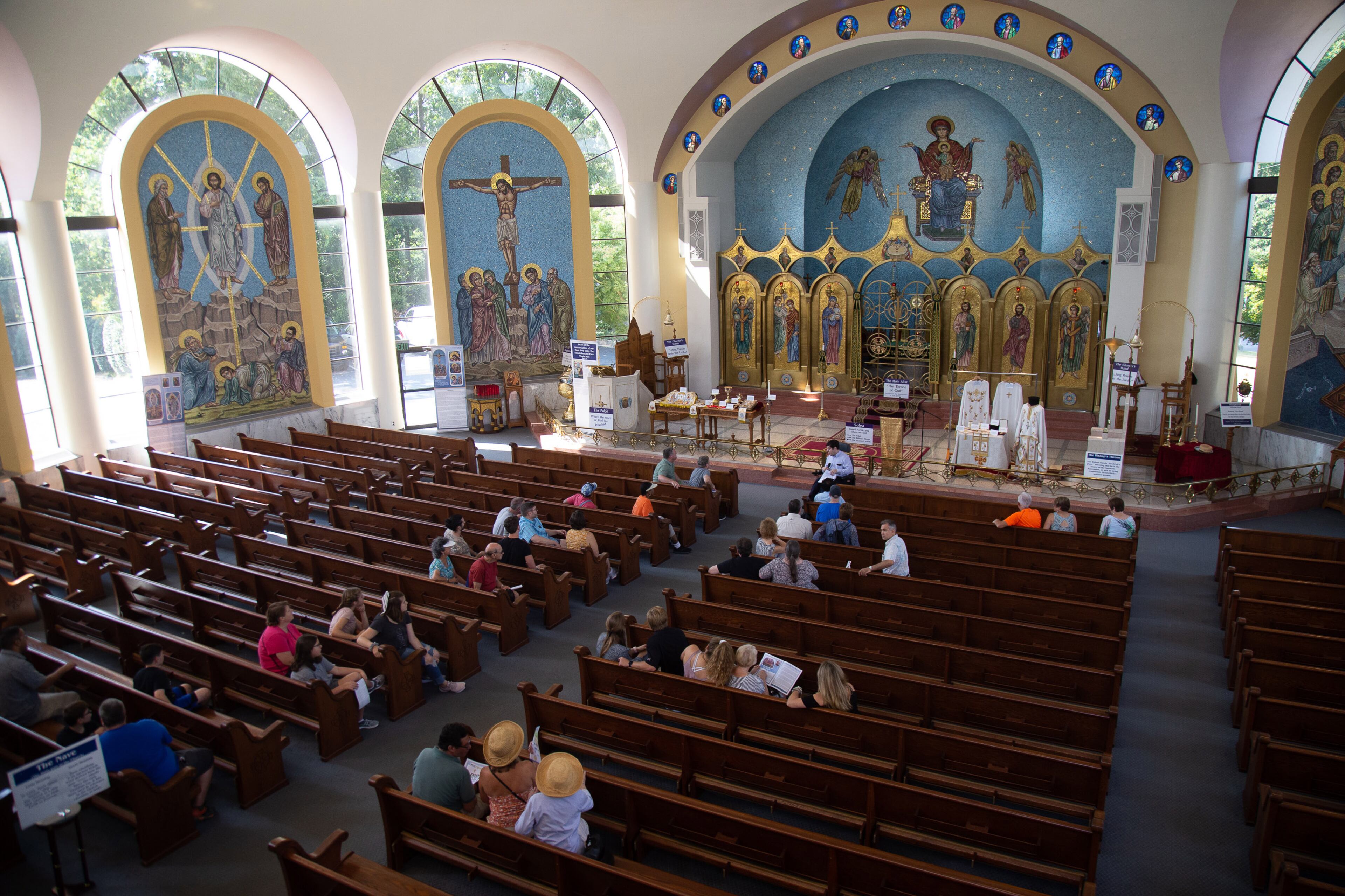 People listen to the tour guide during a tour of the Cathedral of the Annunciation during the Atlanta Greek Festival on Sunday, September 29, 2019. STEVE SCHAEFER / SPECIAL TO THE AJC