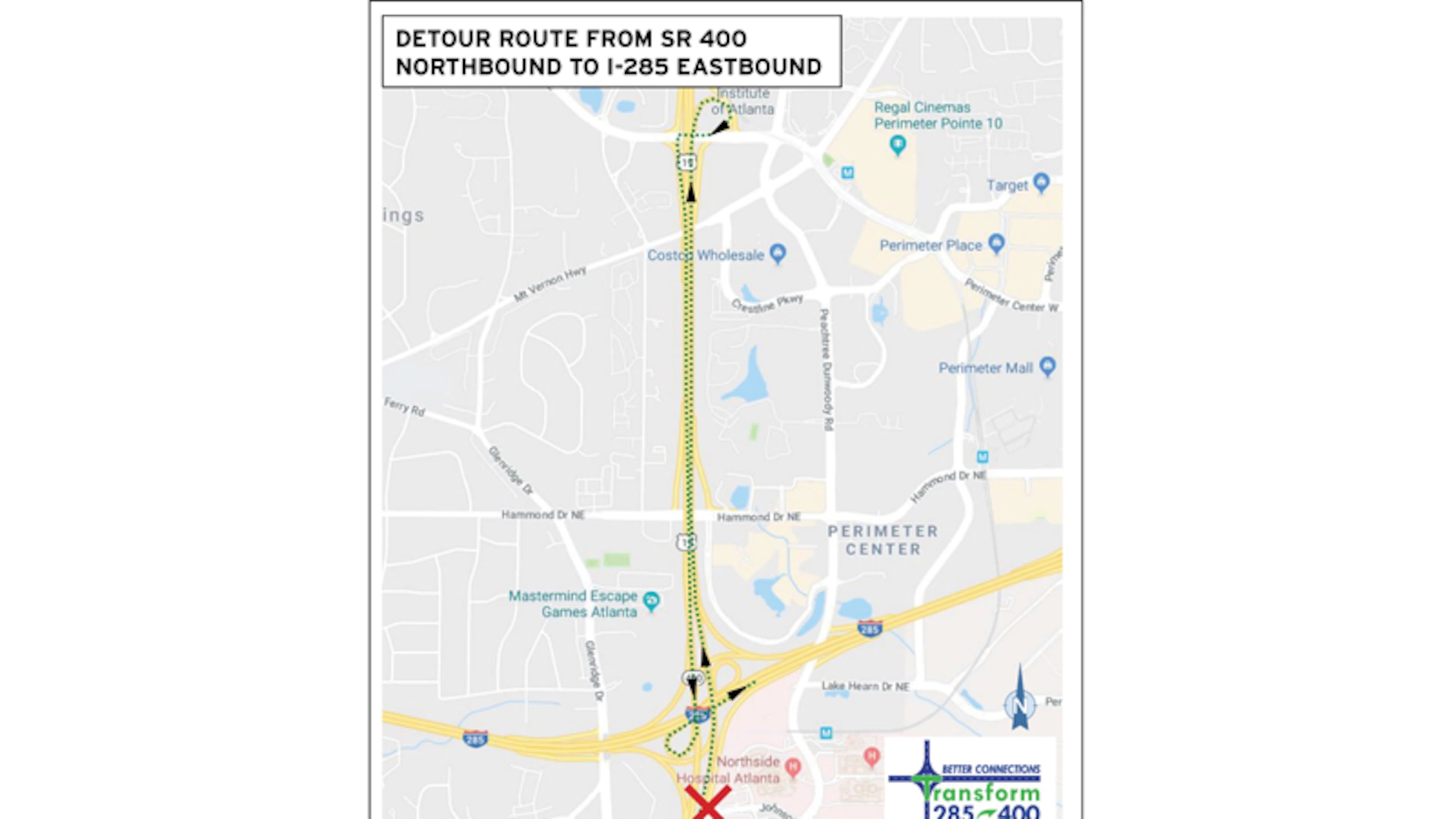Map depicts the recommended detour for northbound Ga. 400 motorists when the ramp to eastbound I-285 is closed. GEORGIA DEPARTMENT OF TRANSPORTATION
