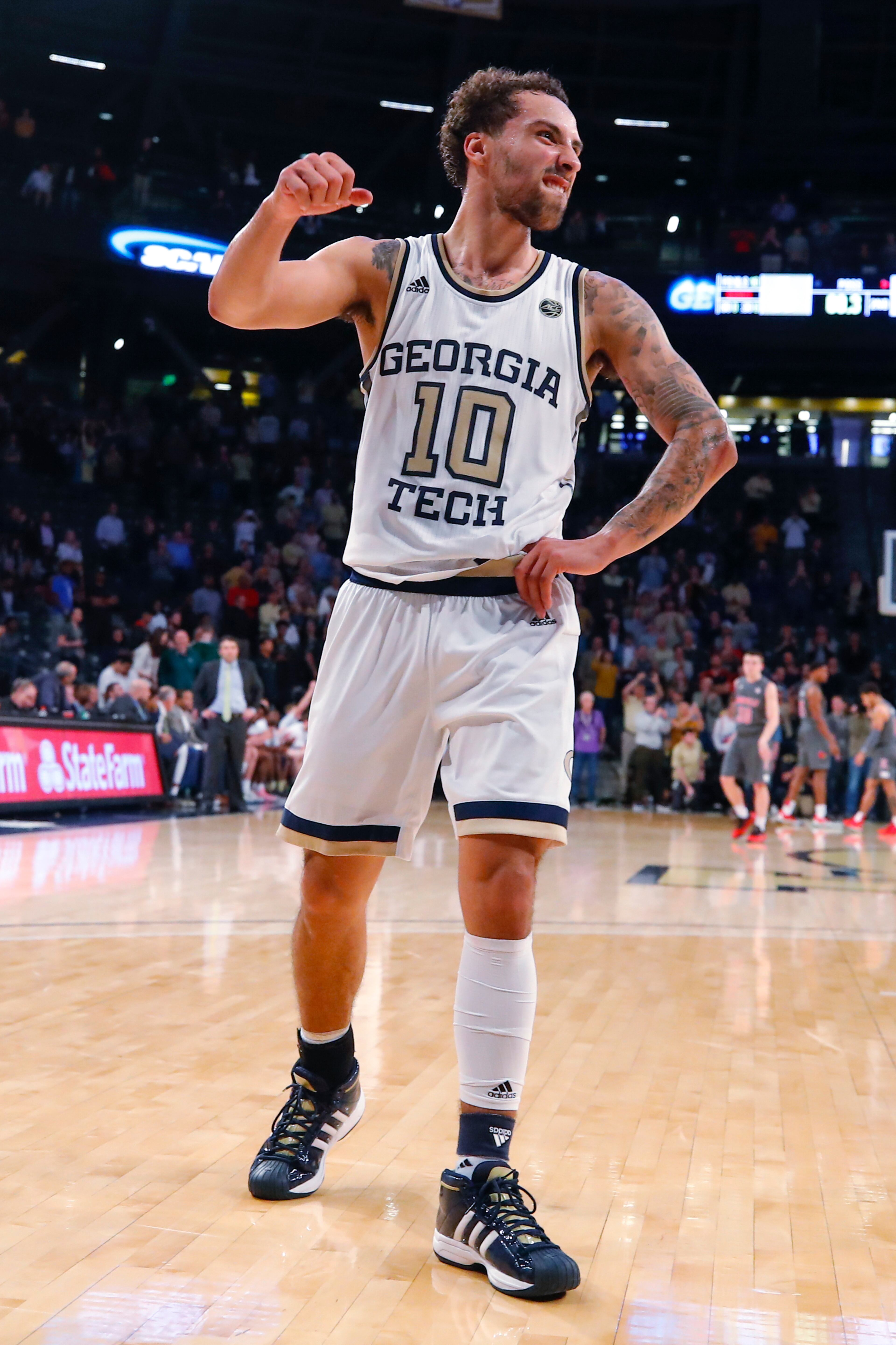 Georgia Tech guard Jose Alvarado (10) reacts in the final seconds of the second half of an NCAA college basketball game against Louisville in Atlanta, Wednesday, Feb. 12, 2020. (AP Photo/Todd Kirkland)