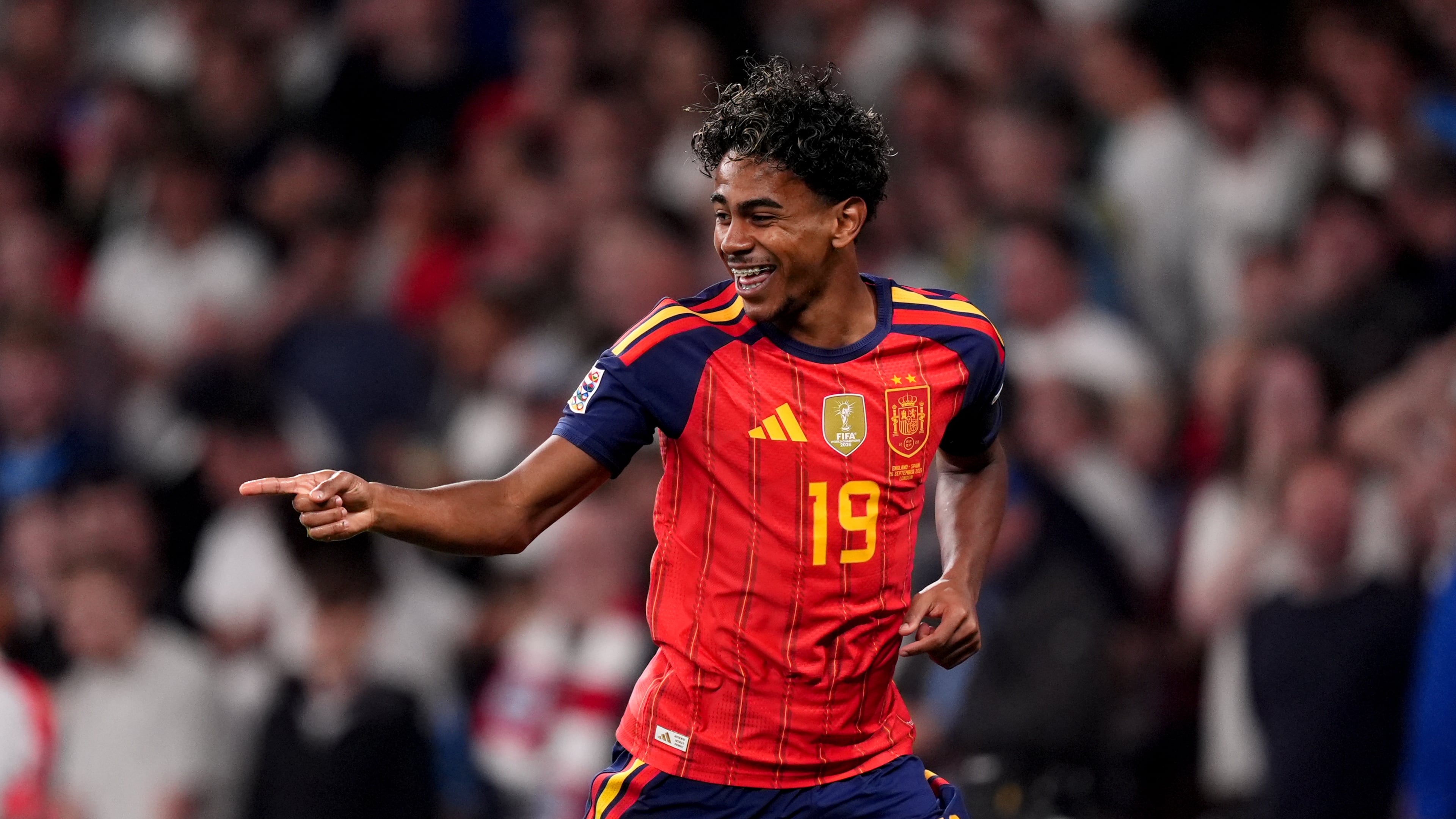 Spain's Lamine Yamal celebrates after scoring his side's first goal during the UEFA Nations League soccer match against England in London, Saturday Sept, 26, 2026. (Mike Egerton/PA via AP)