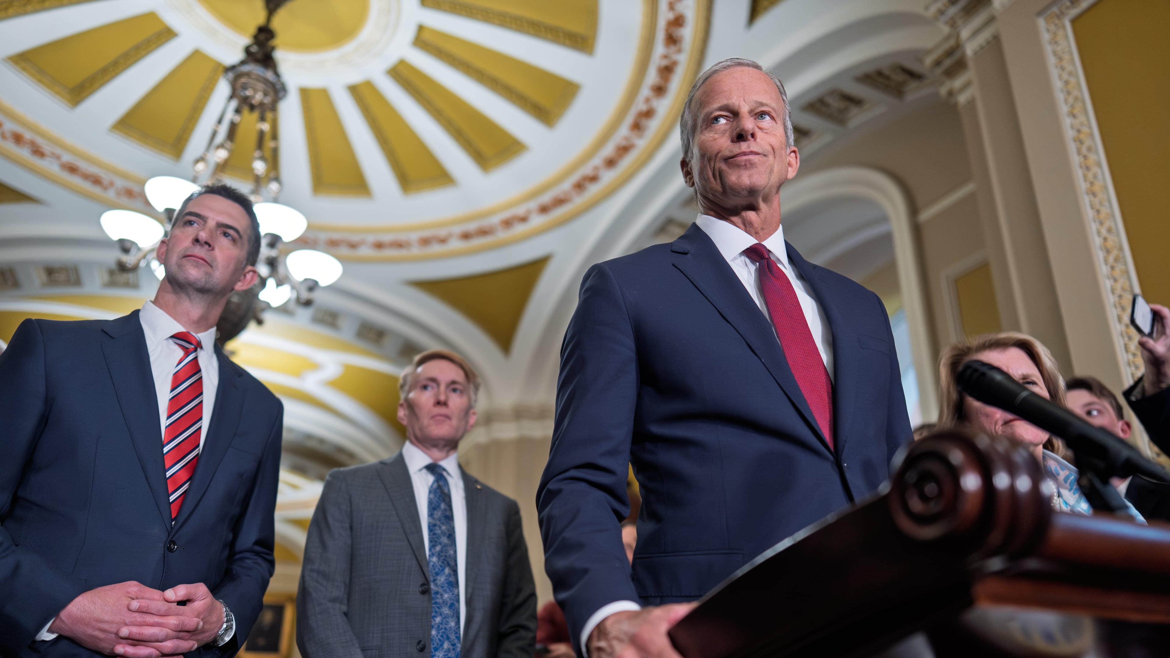 Senate Majority Leader John Thune, R-S.D., joined from left by Sen. Josh Hawley, R-Mo., and Sen. James Lankford, R-Okla., speaks to reporters after a closed-door meeting with fellow Republicans, at the Capitol in Washington, Tuesday, June 2, 2026. (AP Photo/J. Scott Applewhite)
