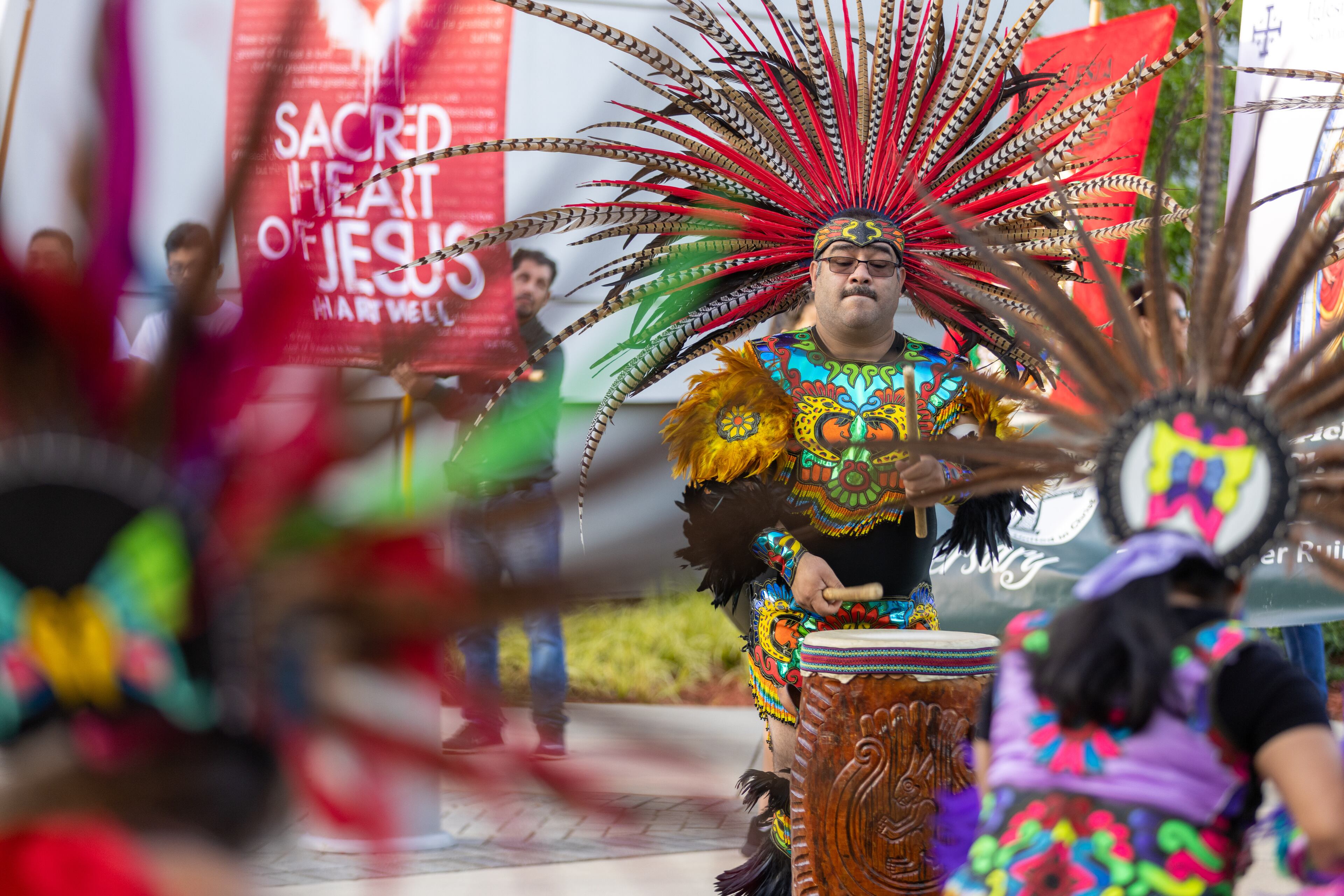 An Aztec dance group that represents four churches in the Atlanta area performs before the start of the 25th Eucharistic Congress at the Georgia International Convention Center in College Park on June 18, 2022 (Steve Schaefer / steve.schaefer@ajc.com)