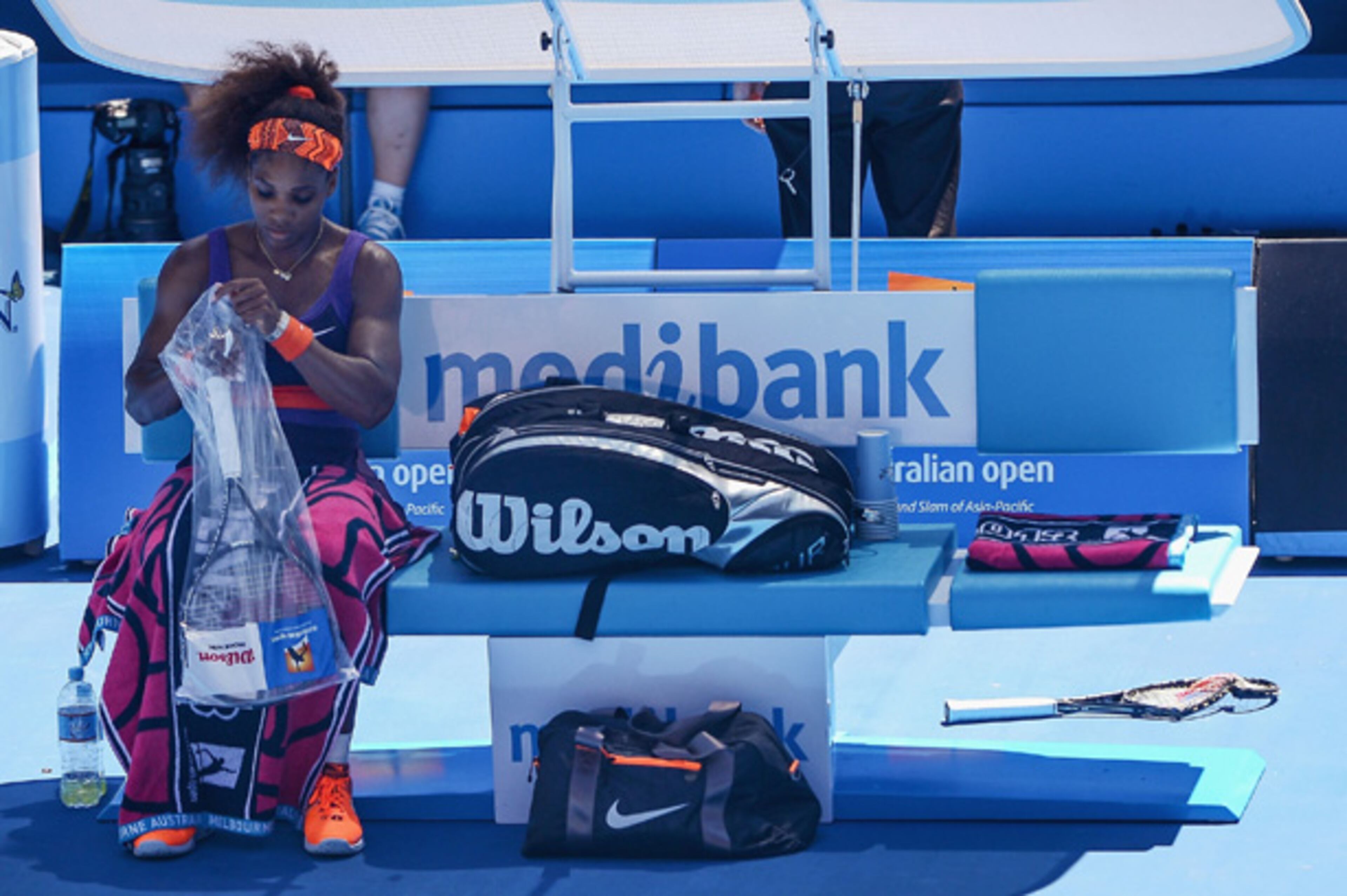 Serena then tossed the broken up Wilson behind and quietly went into her tennis bag to fish out a fresh weapon, er, racket. She went on the win the next game. After the match all she would say about smashing the innocent racket: "It made me happy, unfortunately."