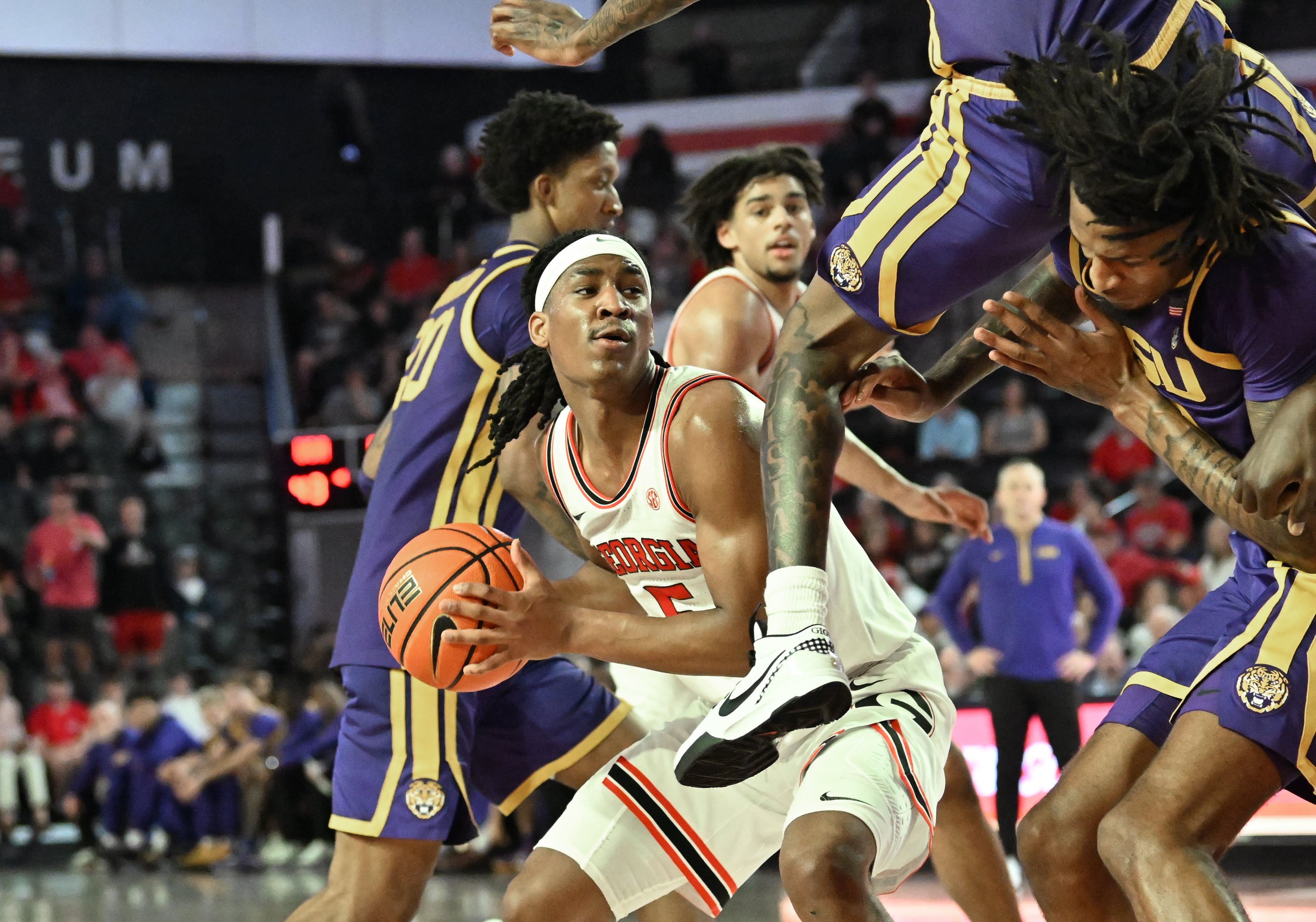 Georgia guard Silas Demary Jr. (5) prepares to get off a shot during the second half of an NCAA college basketball game at Stegeman Coliseum, Wednesday, February 5, 2025, in Athens. Georgia won 81-62 over LSU. (Hyosub Shin / AJC)