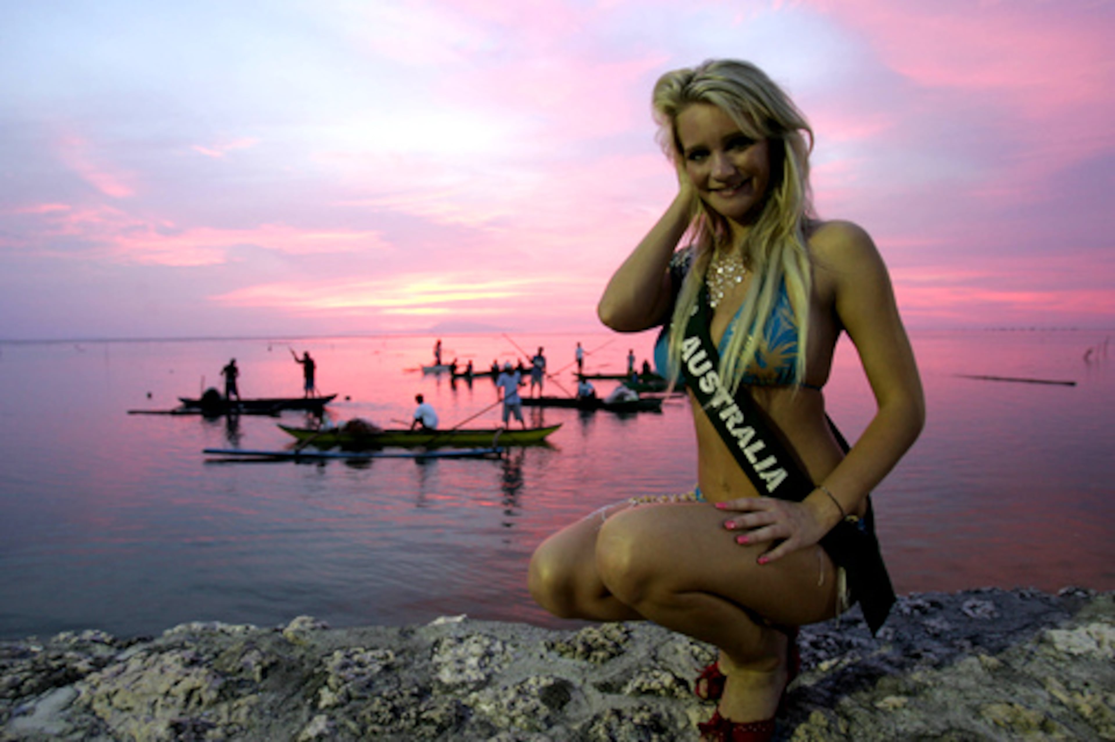 Australia's Victoria Stewart poses for the 2007 Miss Earth beauty pageant at sunset at the Golden Sunset Resort at Calatagan, Batangas province about 110 kilometers south of Manila, Philippines Saturday Oct. 27, 2007.