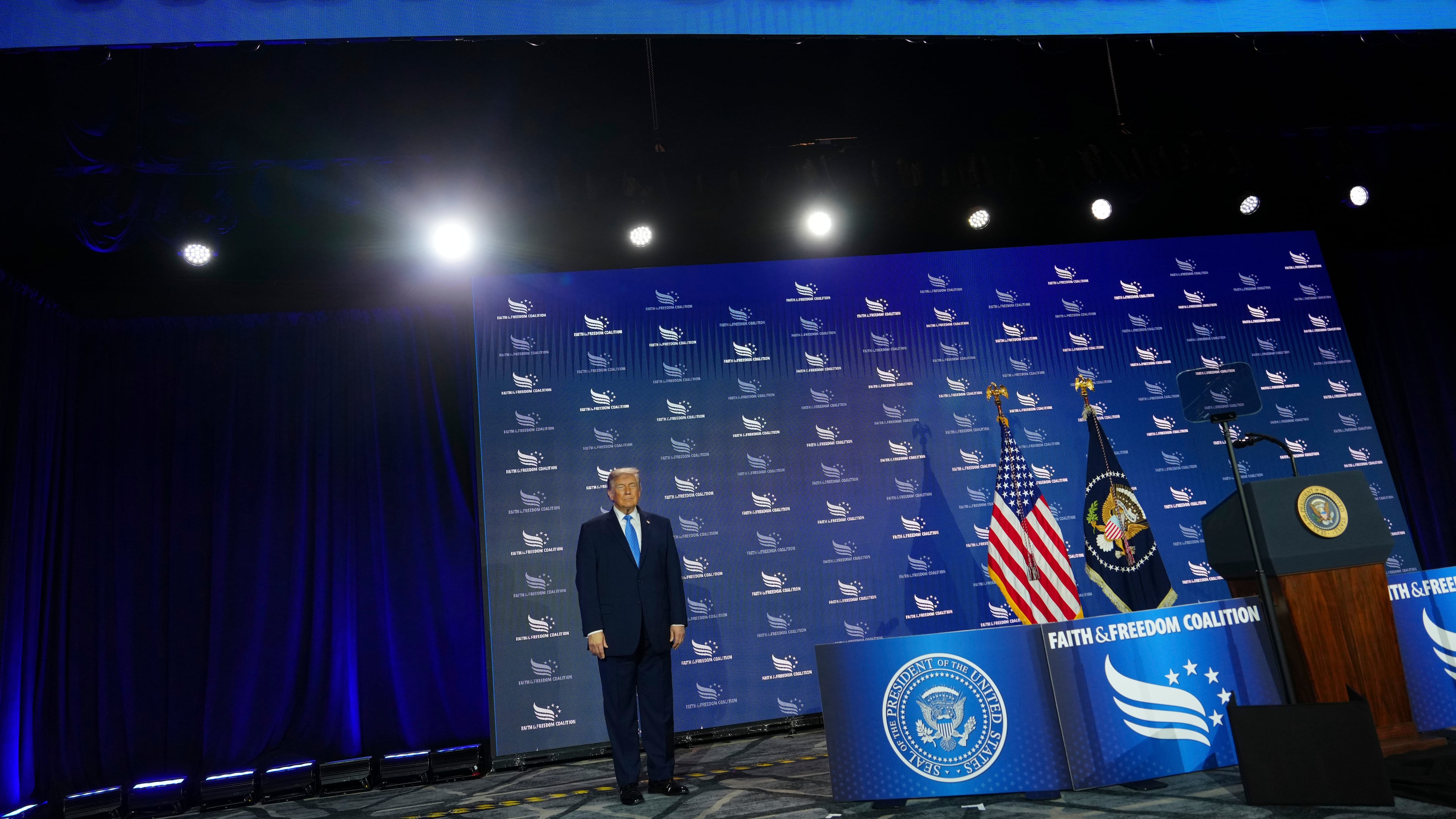 President Donald Trump arrives to speak at the Faith & Freedom Coalition's policy conference at the Washington Hilton, Friday, June 26, 2026, in Washington. (AP Photo/Julia Demaree Nikhinson)