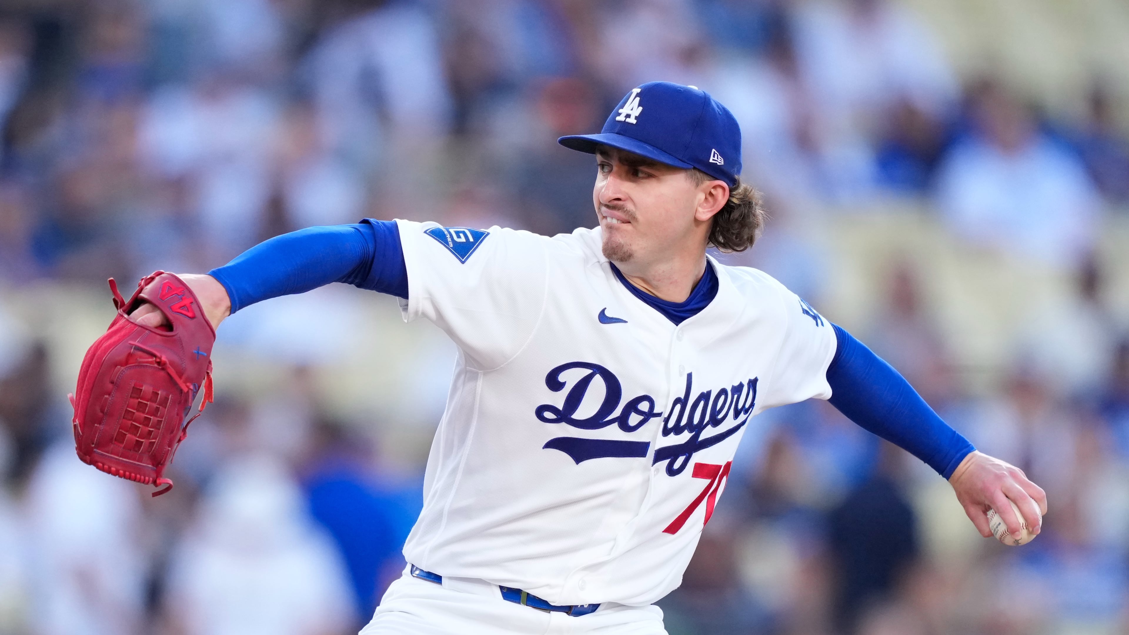Los Angeles Dodgers starting pitcher Justin Wrobleski throws to the plate during the first inning of a baseball game against the Colorado Rockies, Tuesday, July 7, 2026, in Los Angeles. (AP Photo/Mark J. Terrill)