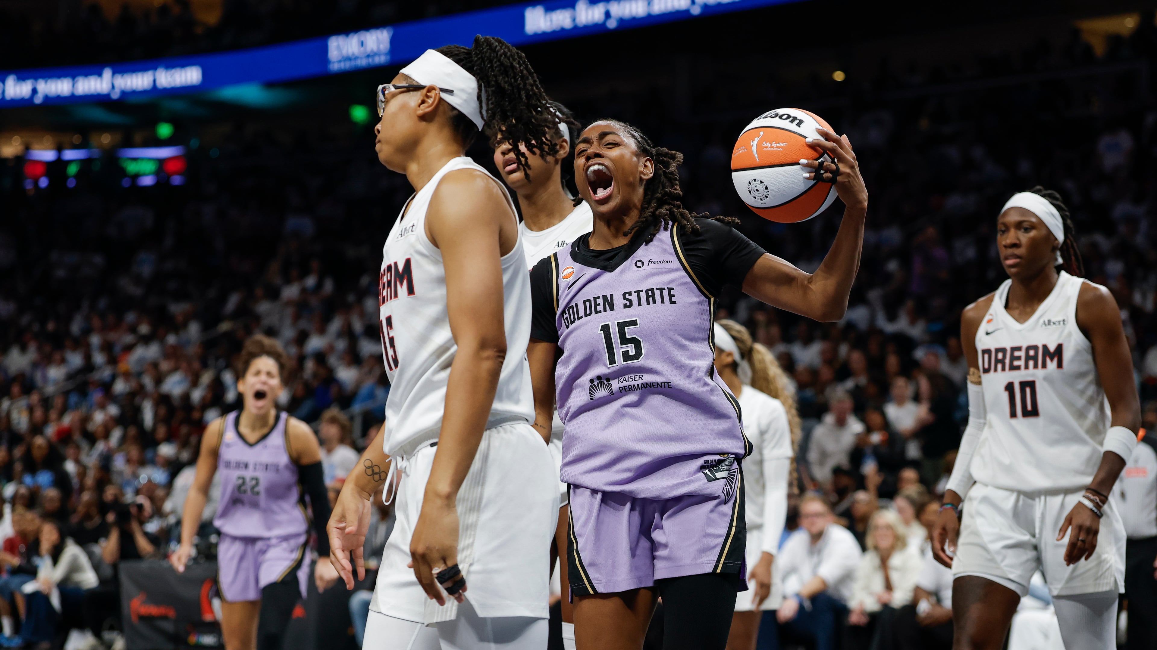 Golden State Valkyries guard Tiffany Hayes (15) reacts after scoring against the Atlanta Dream during the second half in Game 4 of the WNBA basketball finals against the Atlanta Dream, Saturday, Oct. 24, 2026, in Atlanta. (Carlos Avila Gonzalez/San Francisco Chronicle via AP)